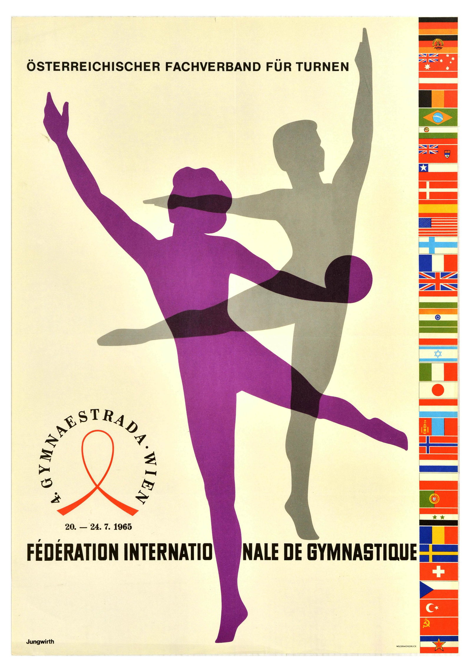 Sport Poster Gymnastics Competition Austria Vienna: Original vintage sport poster for the 4th Gymnaestrada Vienna organised by the Austrian Professional Association for Gymnastics Federation Internationale Gymnastique that took place 20-24 July 1965, f