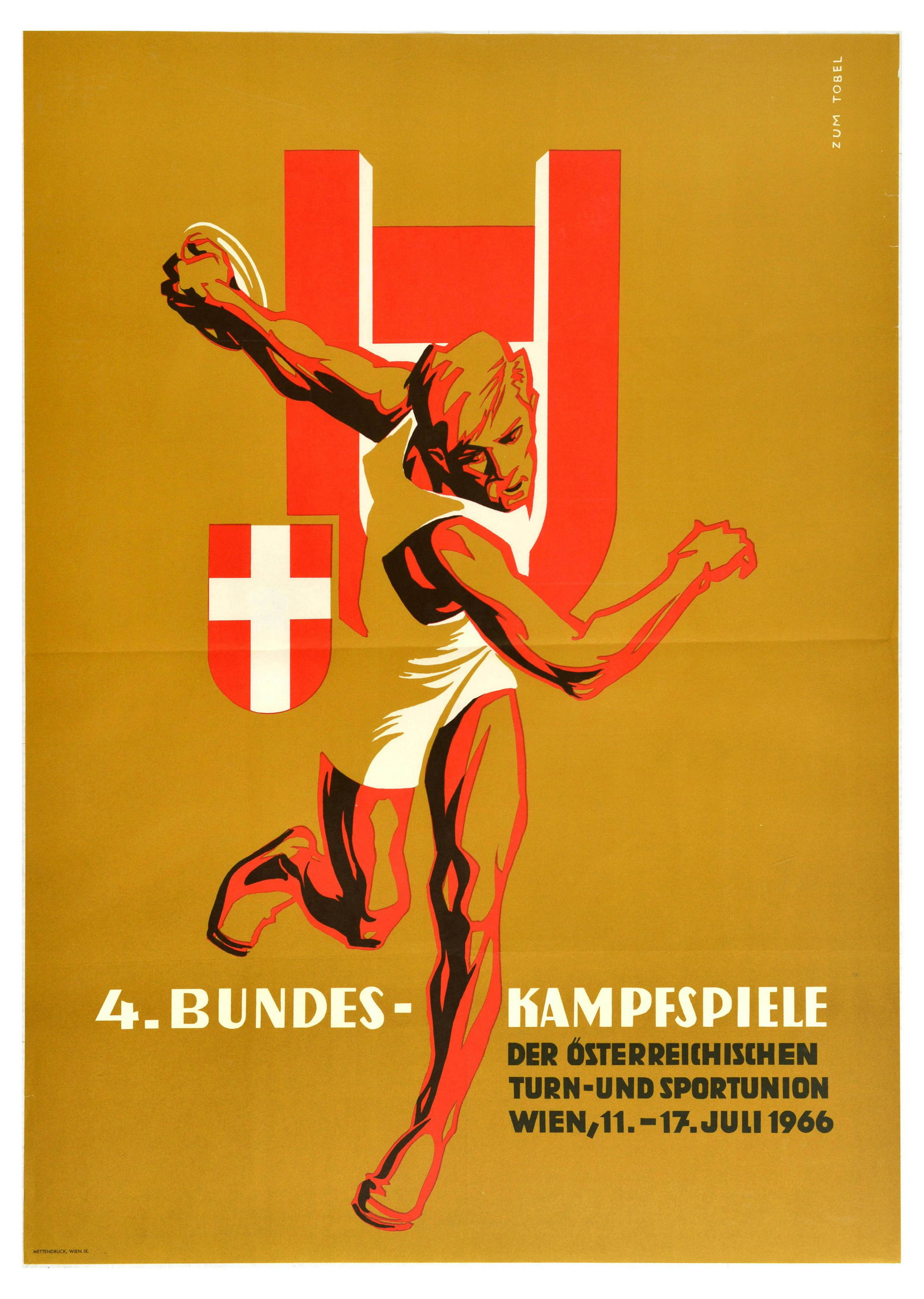 Sport Poster Federal Competition Games Discus Thrower Austria: Original vintage sports poster for Federal competition games of the Austrian Gymnastics and Sports Union in Vienna that took place 11-17 July 1966, the poster features an image of an athlete throwing 