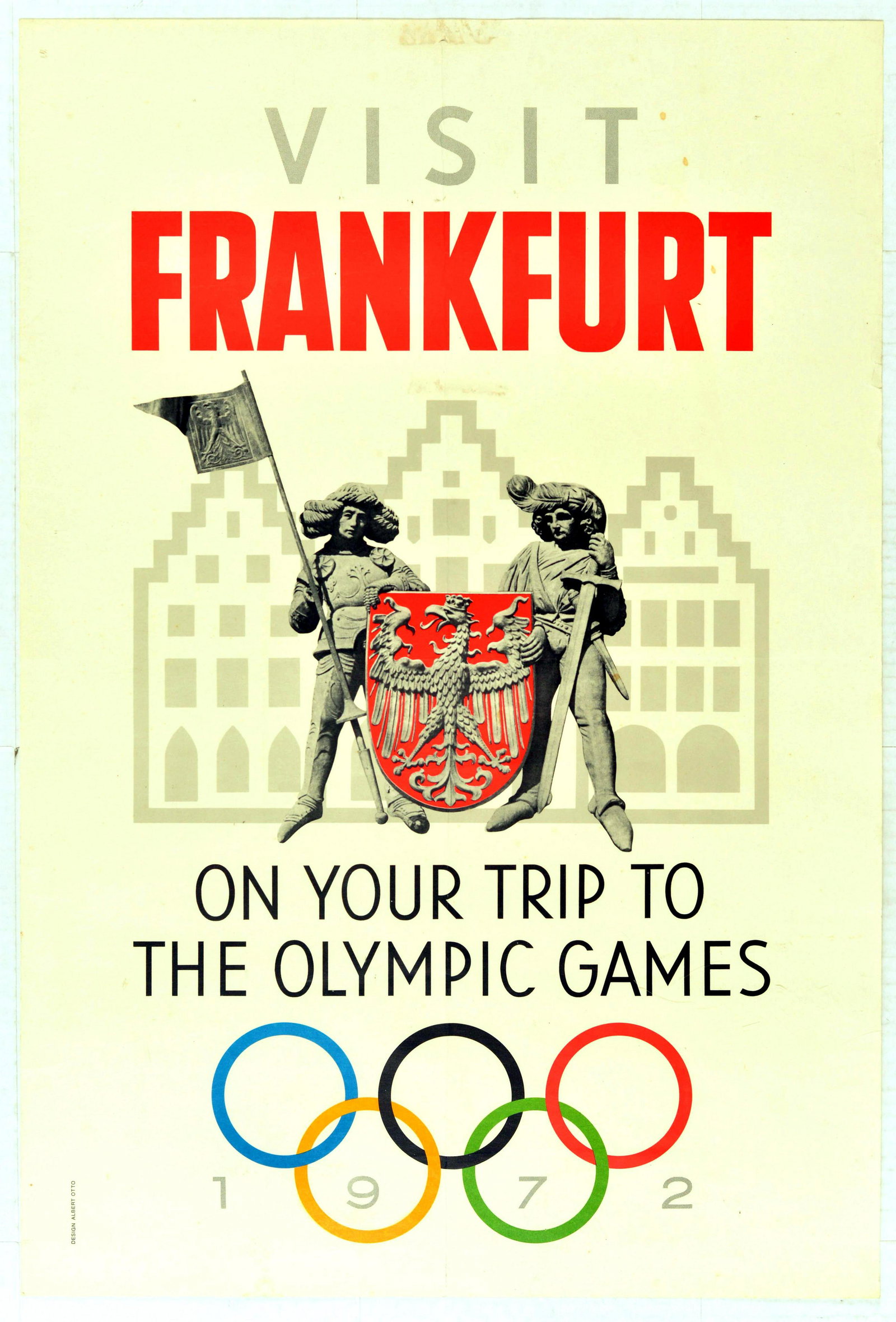 Sport Poster Munich Olympic Games Frankfurt Germany: Original vintage sport poster titled 'Visit Frankfurt On Your Trip to the Olympic Games'. This poster was released on the occasion of the Munich Summer Olympic Games of 1972. The artwork features an i