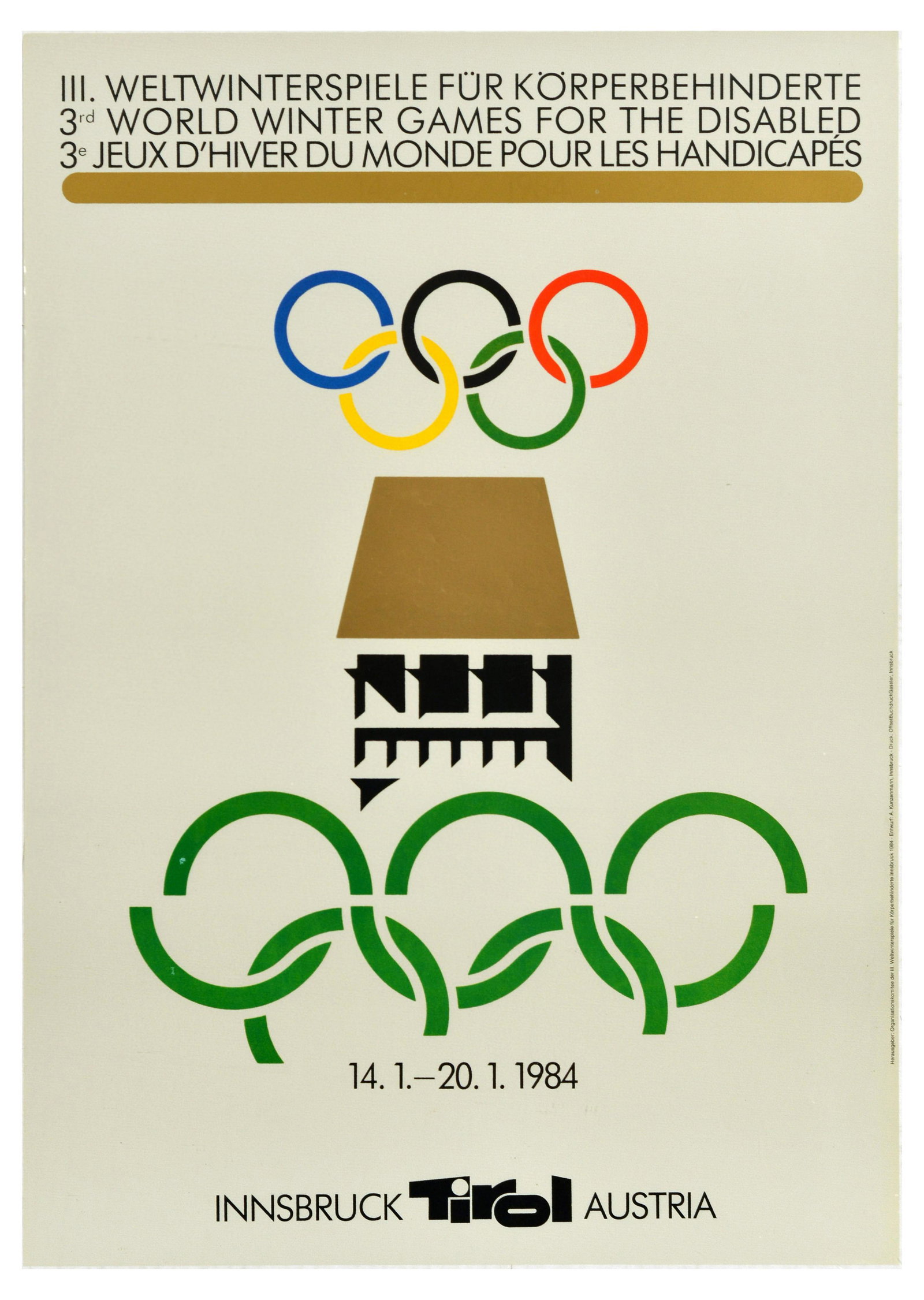 Sport Poster Winter Paralympic Games 1984 Innsbruck Tirol: Original vintage sport poster for the 1984 Winter Paralympic Games - III Weltwinterspiele fur Korperbehinderte / 3rd World Winter Games for the Disabled / 3e Jeux d'Hiver du Monde pour les Handicapes 