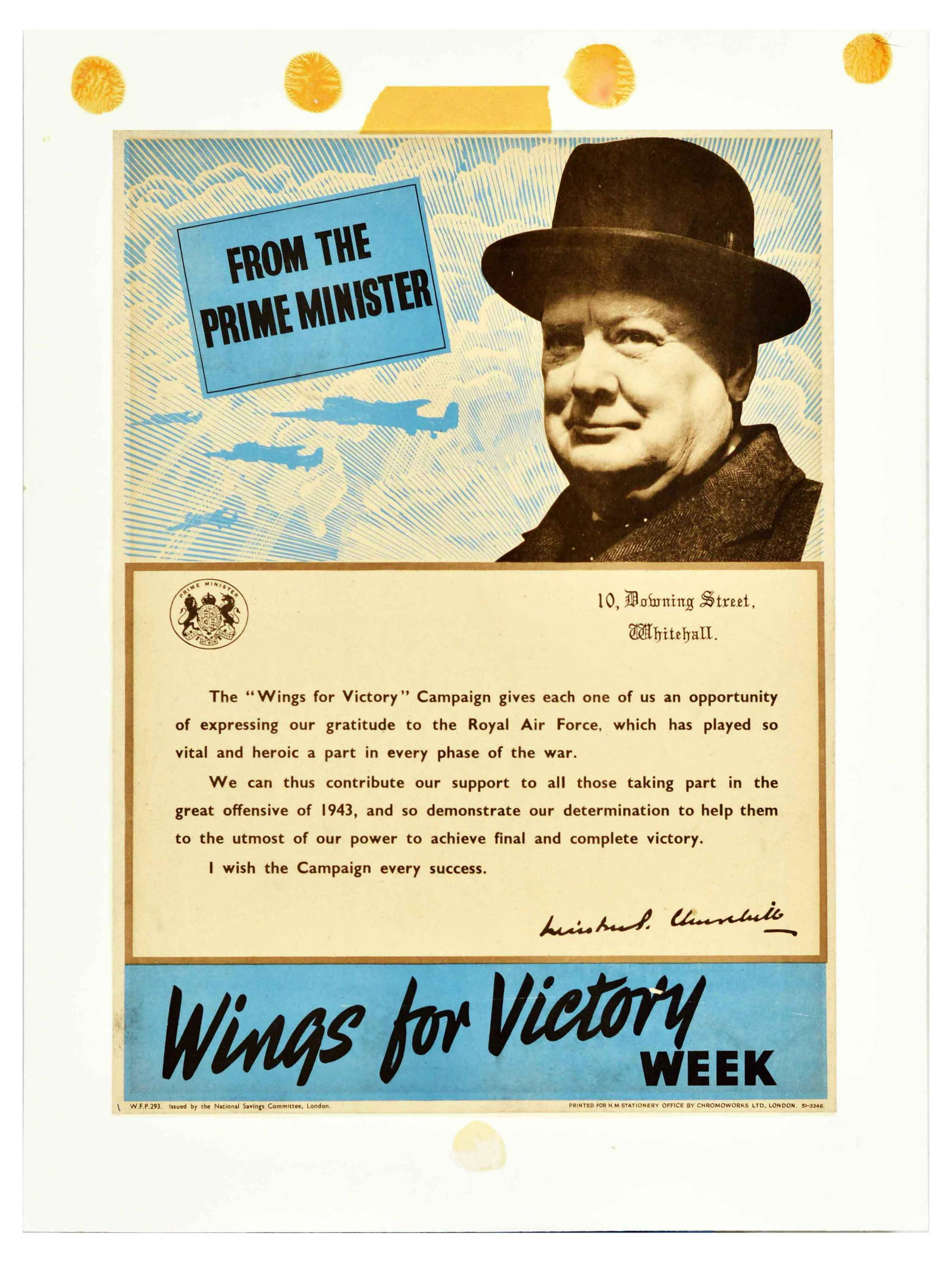 Propaganda Poster Wings For Victory Winston Churchill Prime Minister: Original vintage propaganda poster - From the Prime Minister: The Wings for Victory gives each one of us an opportunity of expressing our gratitude to the Royal Air Force, which has played so vital an