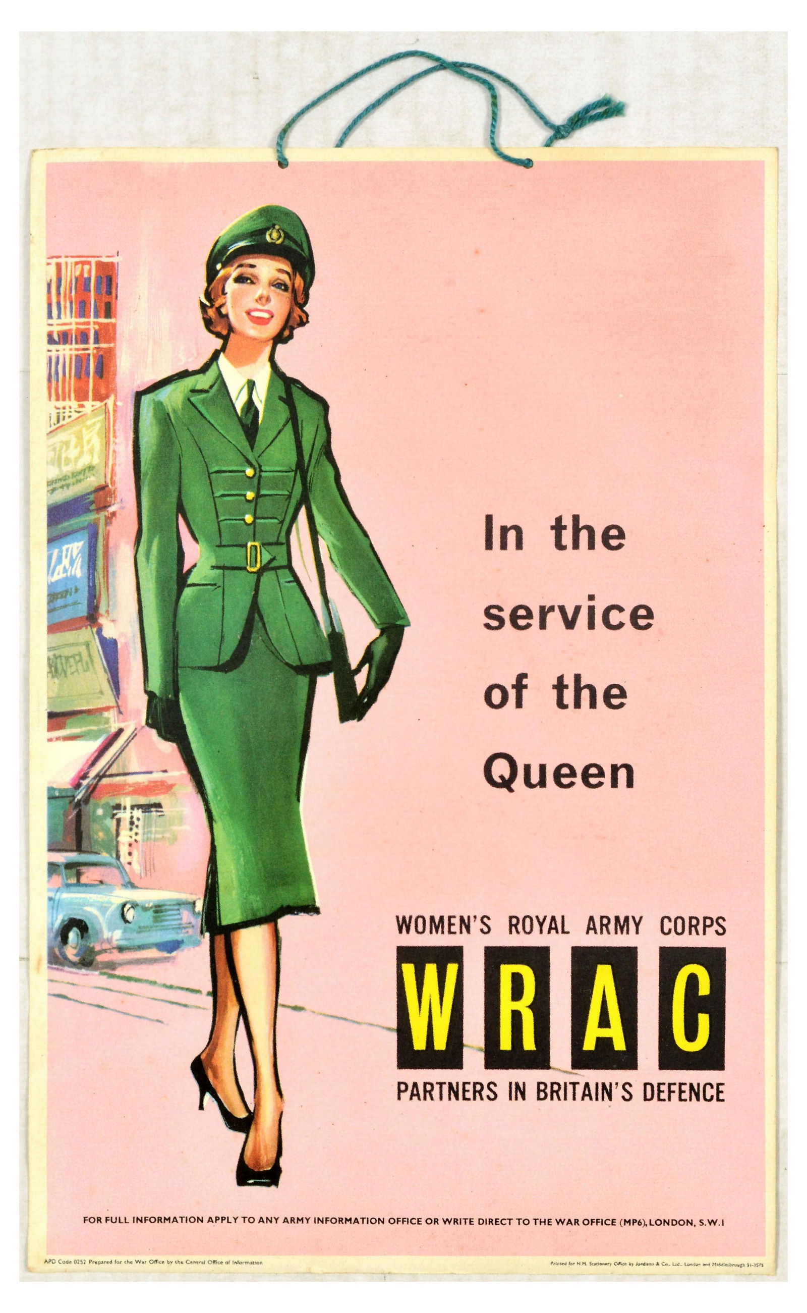 Propaganda Poster WRAC Womens Royal Army Corps Queen Service: Original vintage recruitment propaganda poster - In the service of the Queen Women's Royal Army Corps WRAC Partners in Britain's Defence - featuring an image of a smiling lady in the military uniform