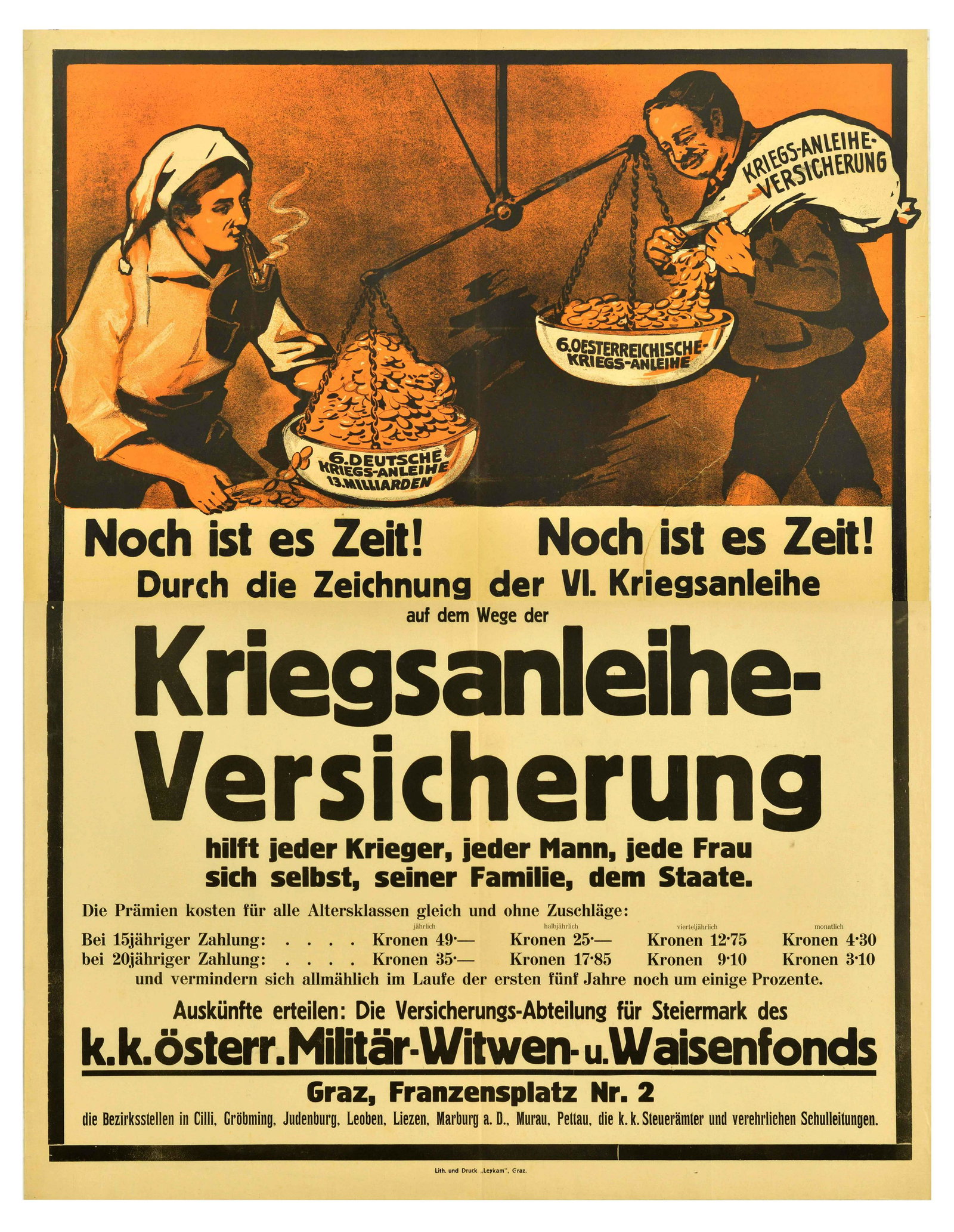 War Poster War Loan Austria Kriegsanleihe Versicherung WWI: Original antique war loan poster, featuring an image of an Austro-Hungarian peasant pouring coins from a sack into one of the scale's cradles in order to match the weight of the German cradle, bold bl