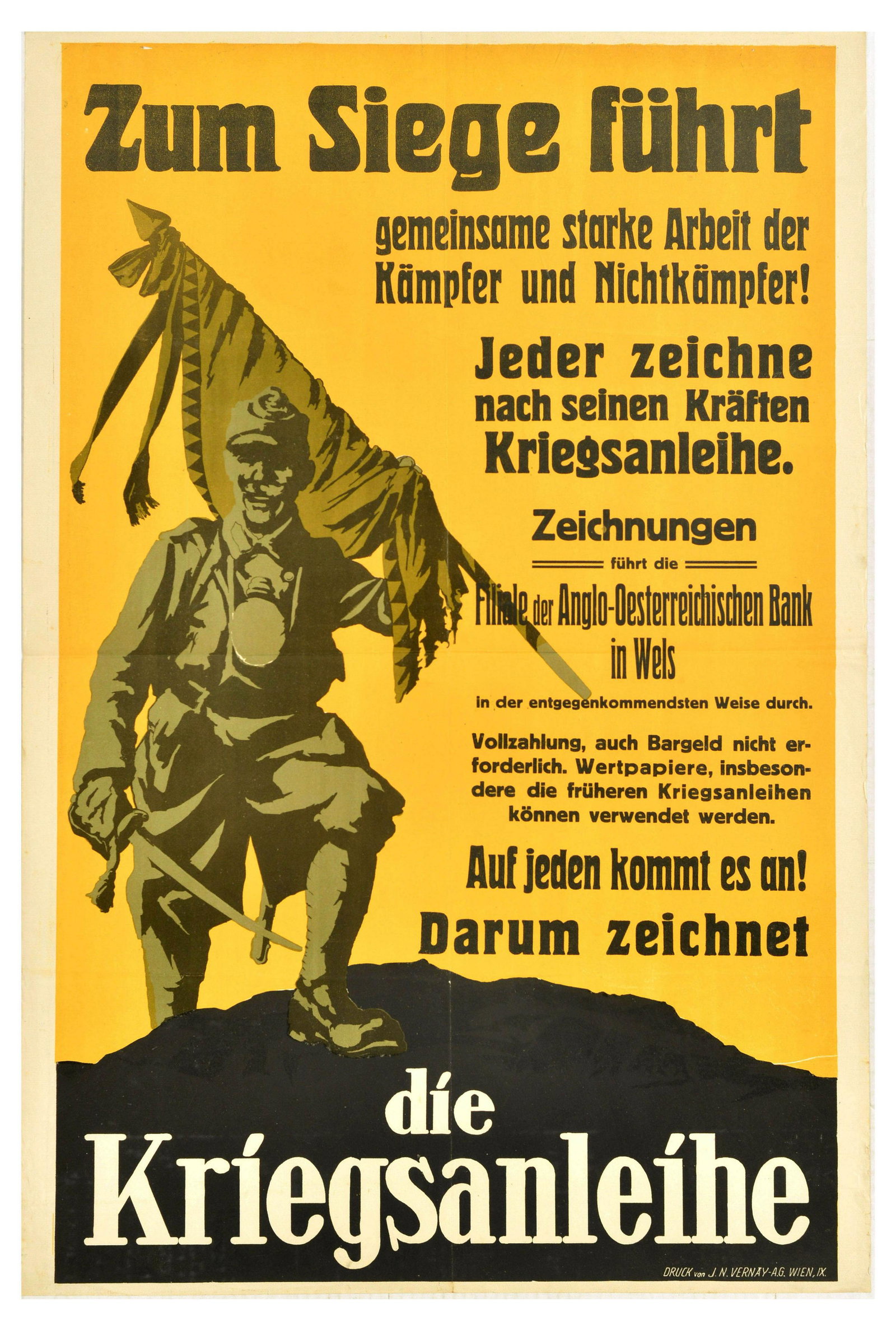 War Poster Austria War Loan Leads To Victory WWI: Original antique World War One poster for the Austrian War Loan - Design features a soldier holding a sword and a flag on a yellow background. Text translates roughly to -Leads to victory, joint work 