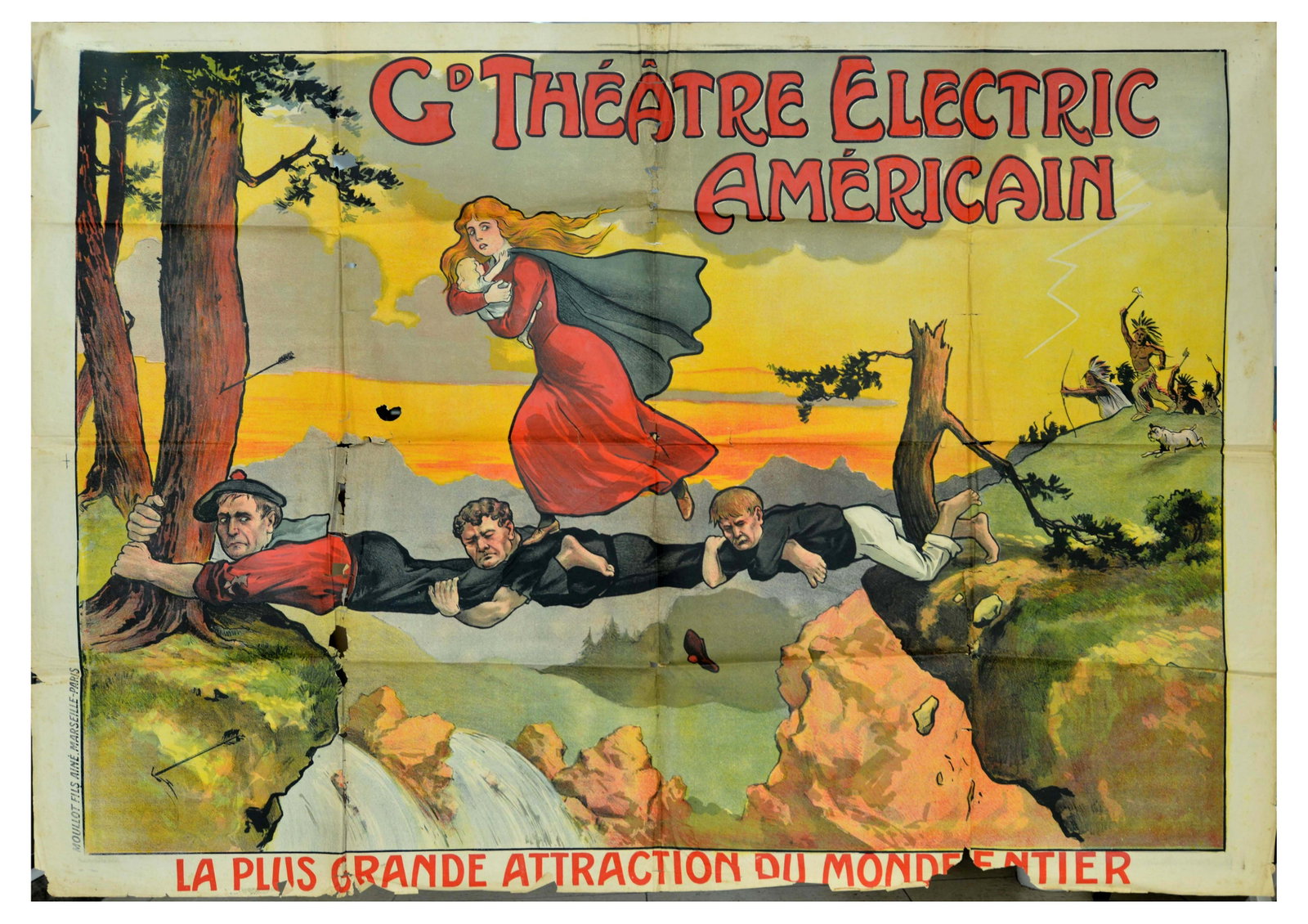 Movie Poster Theatre Electric American Americain Cinema: Original antique advertising poster for early cinema showing of Theatre Electric Americain / American Electric Theatre, featuring an illustration of three men making a bridge over a waterfall for a la