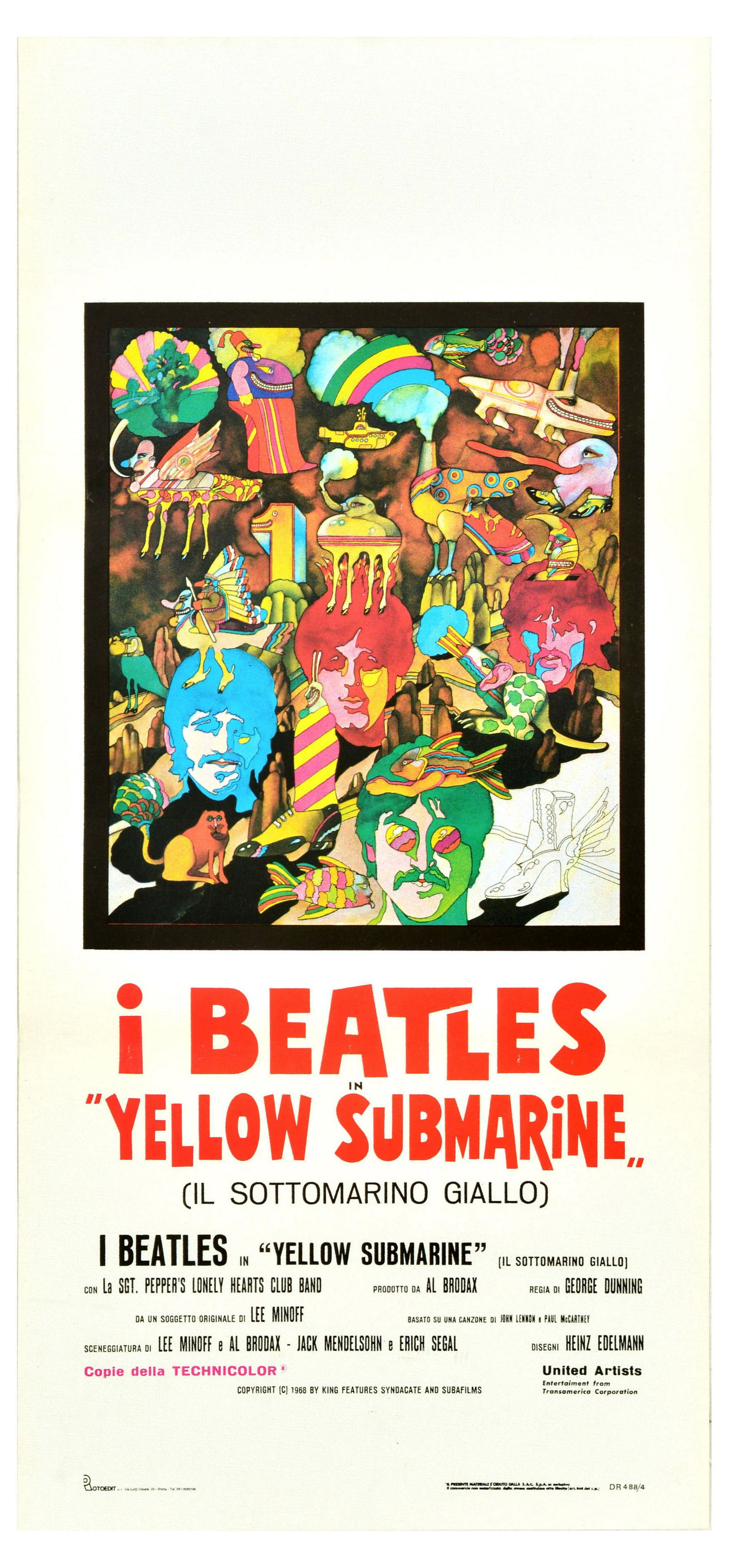 Movie Poster Beatles Yellow Submarine Il Sottomarino Giallo Music: Original vintage movie poster for the Italian release of I Beatles Yellow Submarine Il Sottomarino Giallo featuring a great psychedelic cartoon style illustration depicting The Beatles members John Le