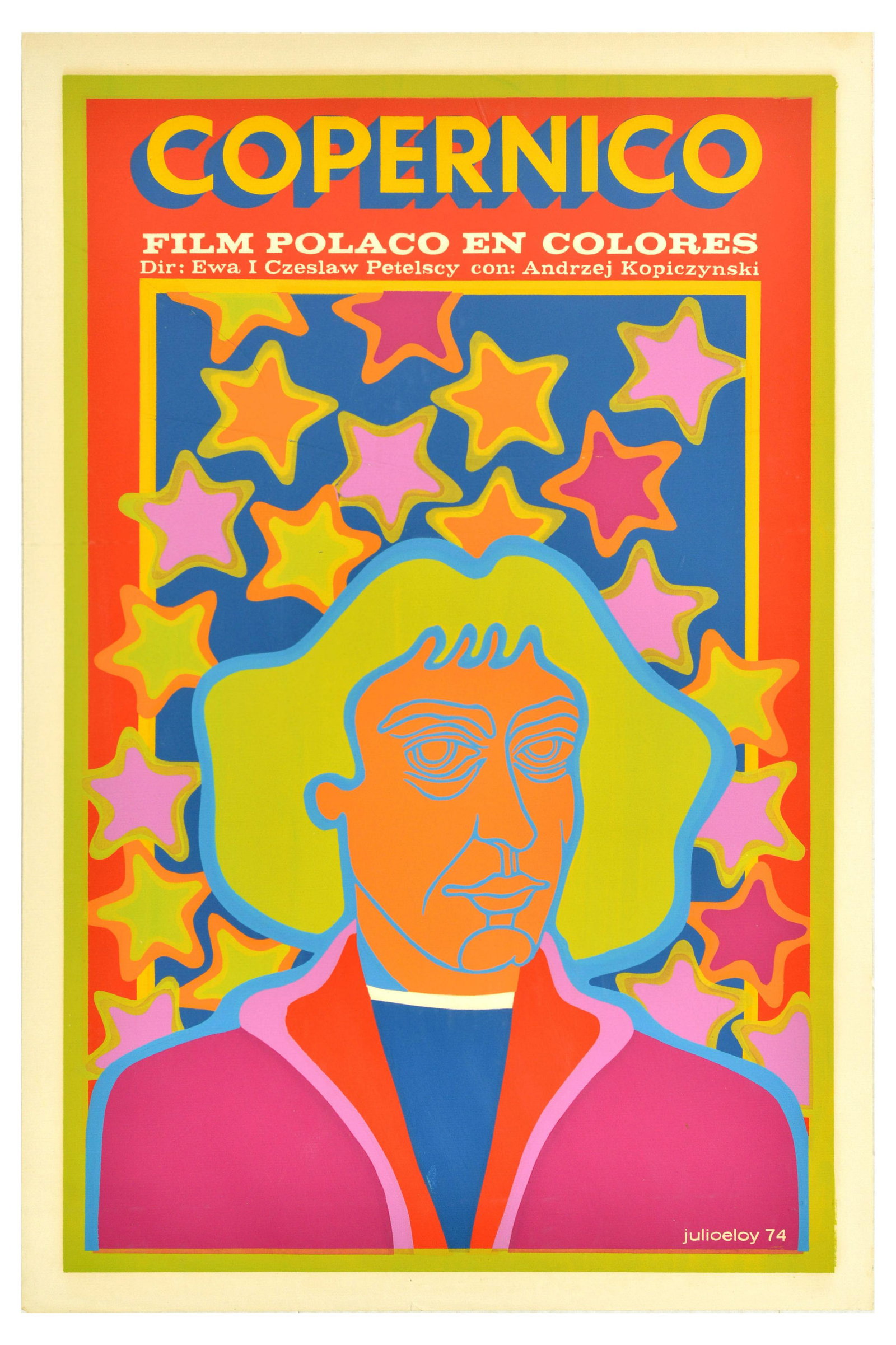 Movie Poster Copernico Copernicus Cuba Historical Film Poland: Original vintage movie poster for Copernico / Copernicus, a 1973 Polish historical film directed by Ewa and CzesÅ‚aw Petelski, starring Andrzej Kopiczynski, the poster features a bright illustratio