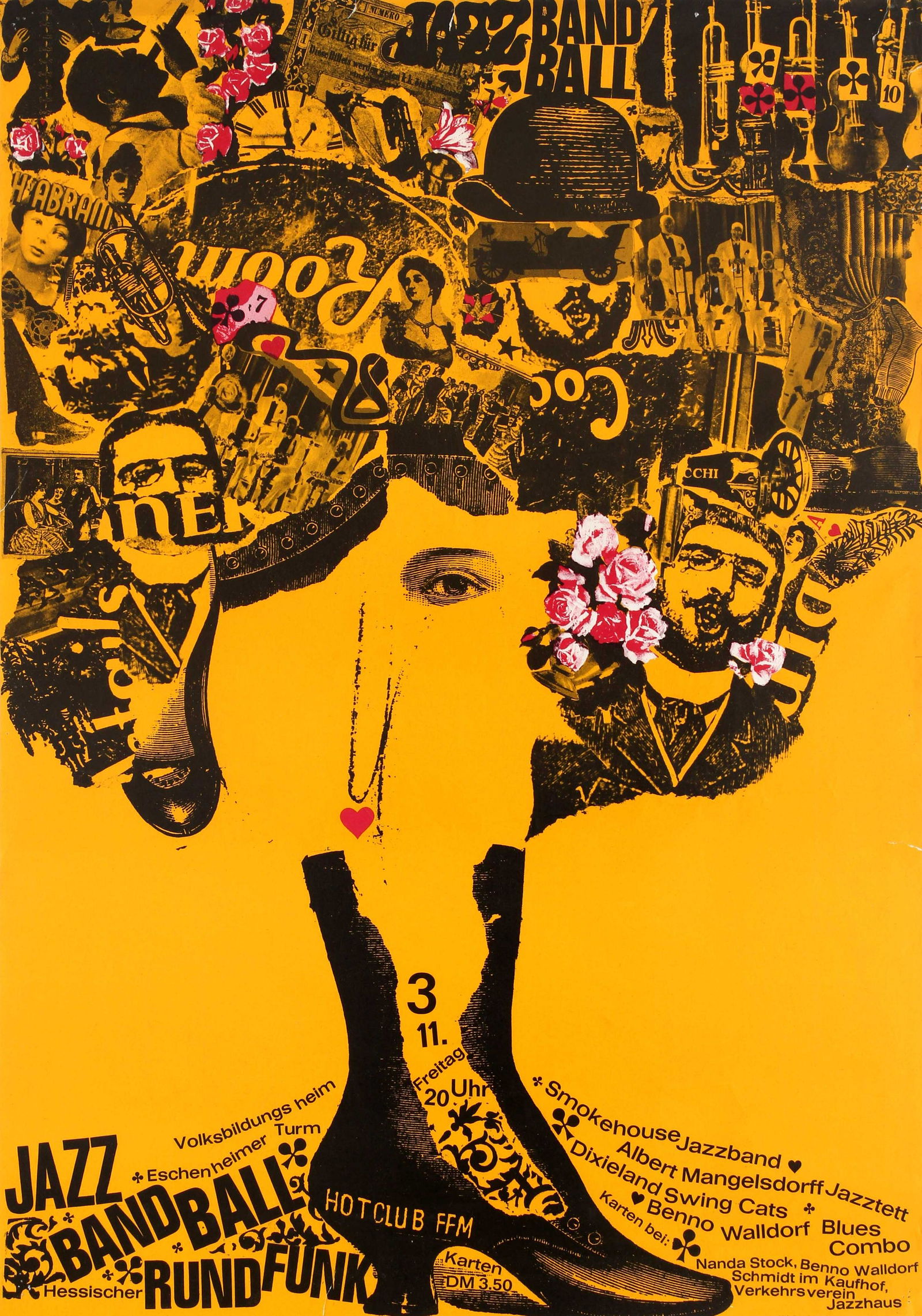 Advertising Poster Jazz Band Ball: Original vintage advertising poster for a Jazz Band Ball at the Hot Club FFM featuring a striking yellow and black collage design by Gunther Kieser (b. 1930) of a boot surrounded by stylised lettering