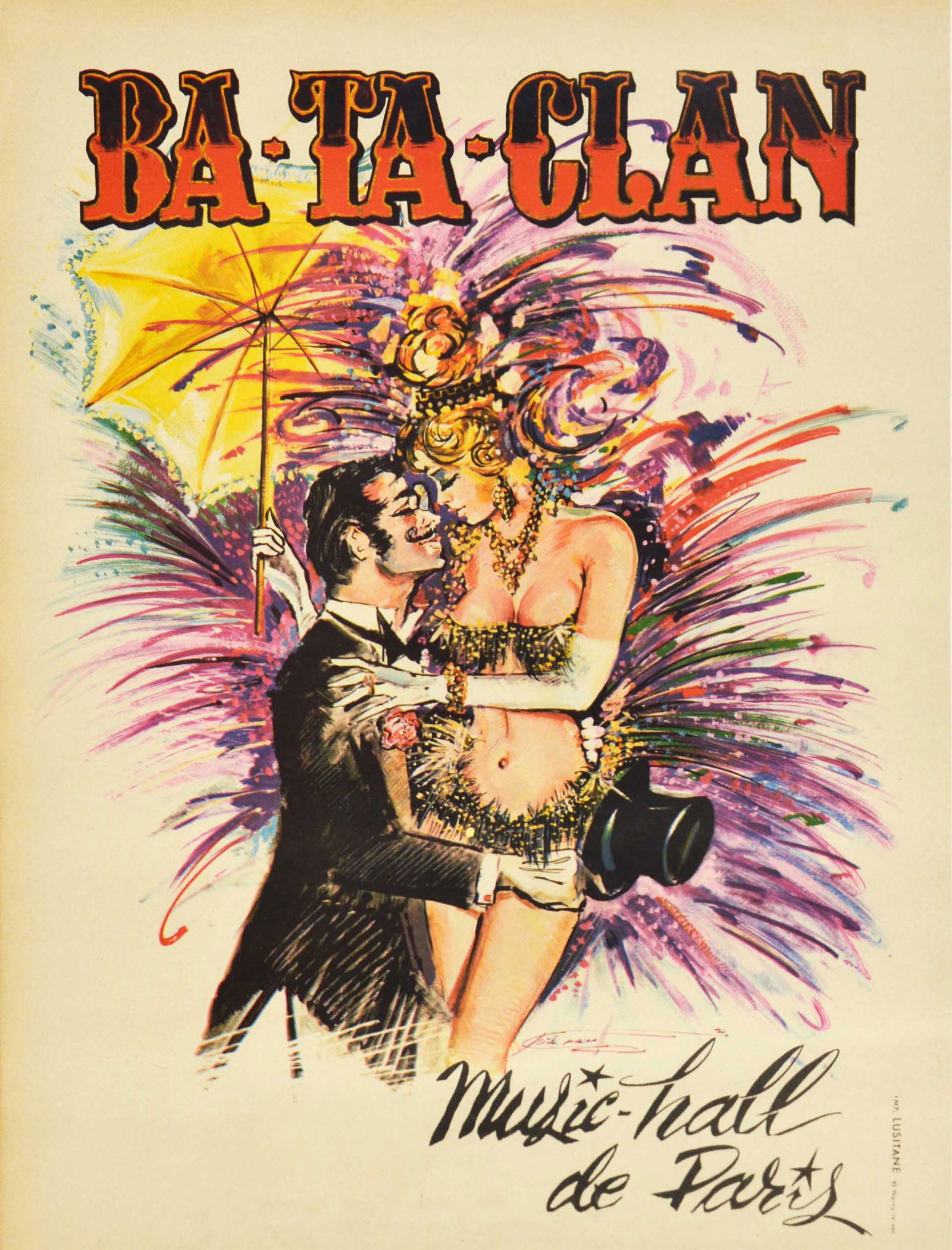 Advertising Poster Ba Ta Clan Burlesque Music Hall: Original vintage advertising poster for a cabaret performance Ba-Ta-Clan at the Music Hall de Paris featuring a man in a suit holding a top hat with his arm around a scantily dressed dancer in a spark