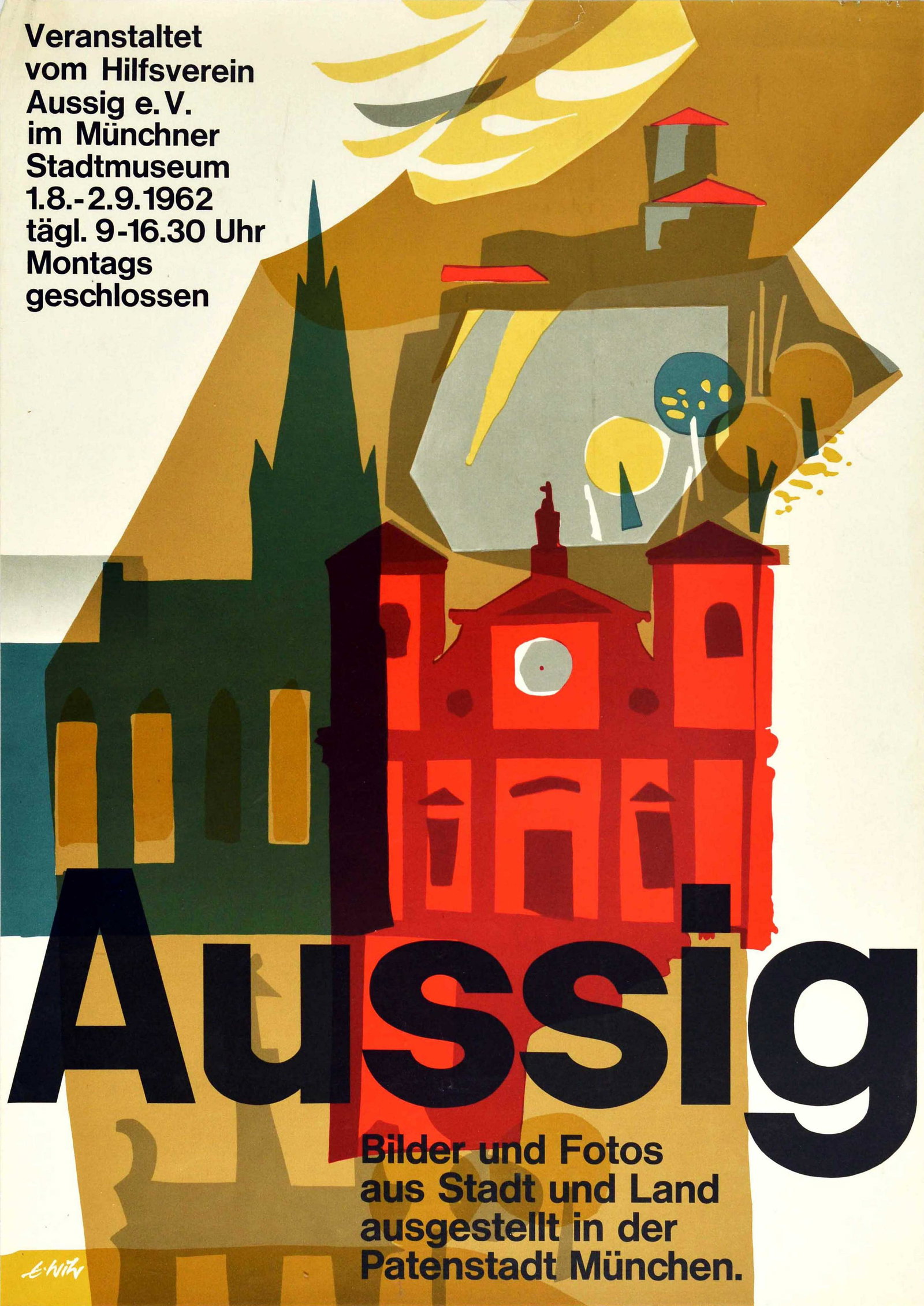 Travel Poster Aussig Usti Nad Labem Exhibition: Original vintage advertising poster for Aussig Bilder und Fotos / pictures and photograph exhibition organised by the Hilfsverein Aussig Aid Association at the Munchner Stadtmuseum / Munich Stadtmuseu