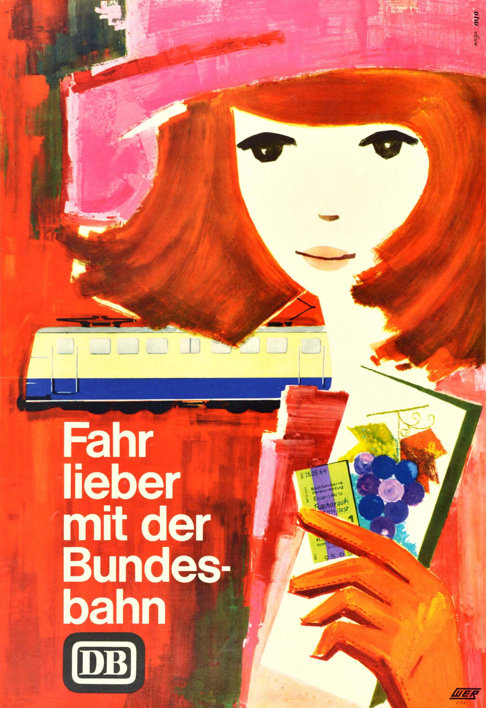Travel Poster German Railways DB Better On Bundesbahn: Original vintage railway travel poster issued by DB Deutsche Bundesbahn - Better to take the Bundesbahn / Fahr lieber mit der Bundesbahn - featuring a bright and colourful design by the poster prize w