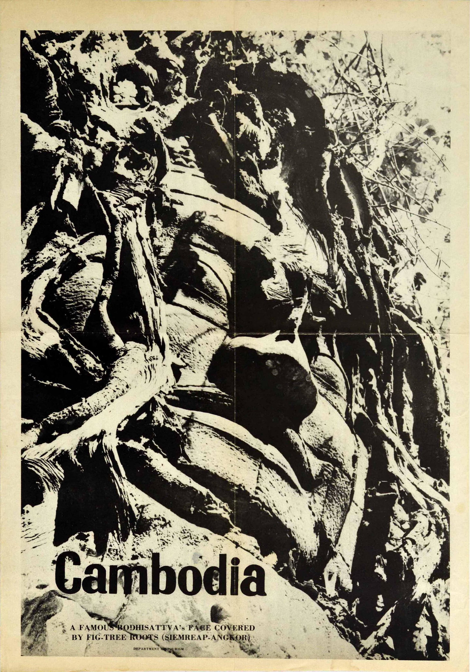 Travel Poster Cambodia Siem Reap Angkor Bodhisattva: Original vintage travel poster advertising Cambodia featuring a black and white photo entitled A famous Bodhisattva's face covered by fig-tree roots with the text in bold black lettering. Siem Reap is