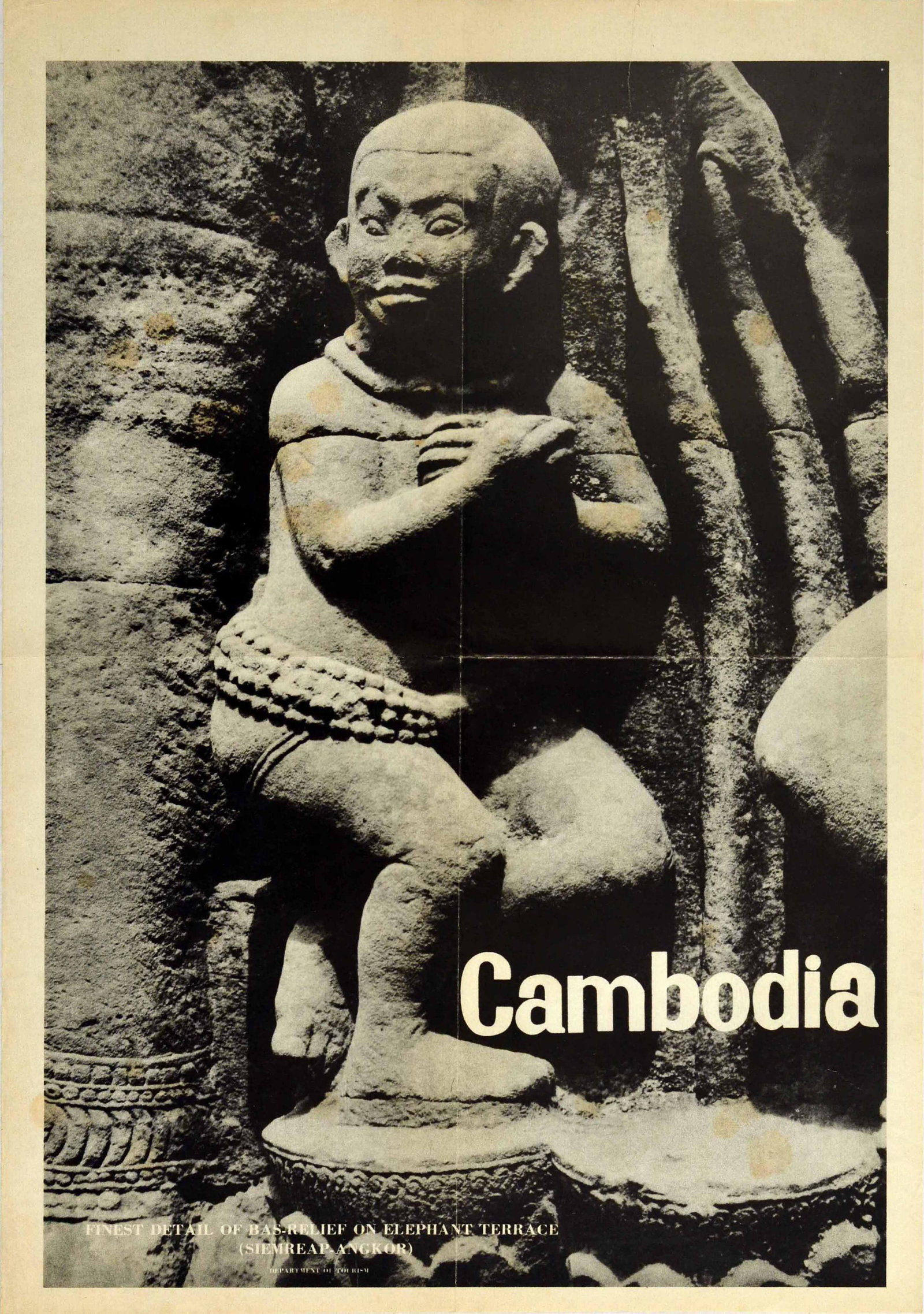 Travel Poster Cambodia Siem Reap Angkor Elephant Terrace: Original vintage travel poster advertising Cambodia featuring a black and white photo entitled Finest detail of a bas-relief on Elephant Terrace with the text in bold white lettering. Siem Reap is the