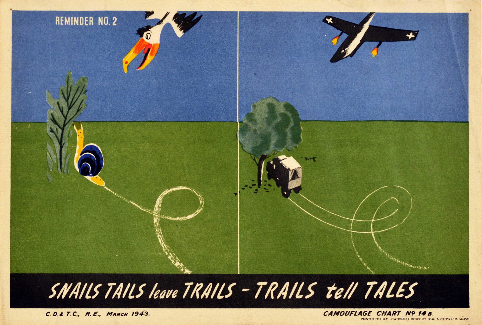 War Poster Camouflage Snails Tails Leave Trails WWII: Original vintage World War Two military propaganda poster featuring a great design depicting two images: on one side a snail leaving a trail on the grass as a bird flies overhead, the illustration ref