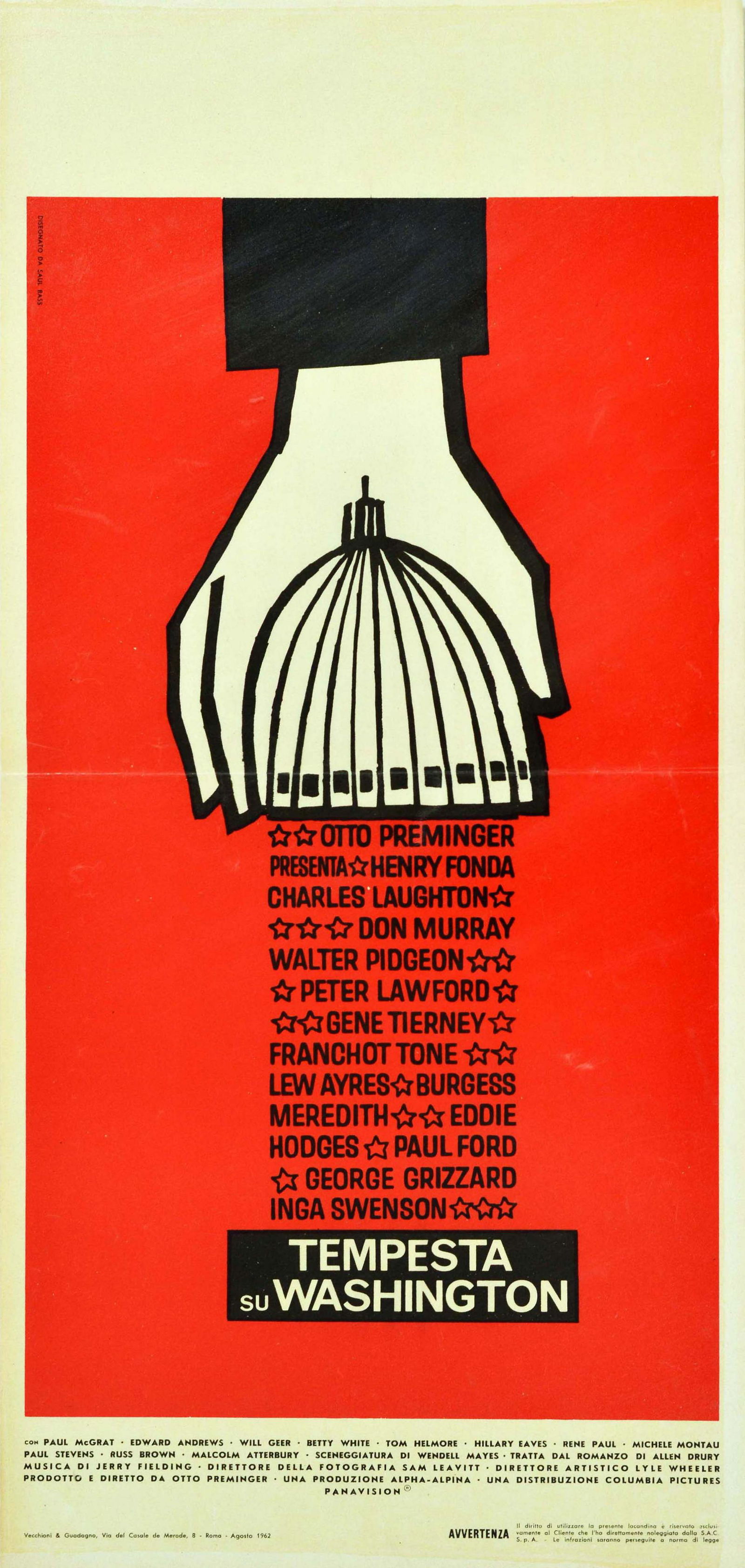 Movie Poster Advise and Consent Saul Bass Italy: Original vintage movie poster for the Italian release of the classic American political drama film Advise & Consent / Tempesta su Washington based on the novel by Allen Drury, directed by Otto Pre