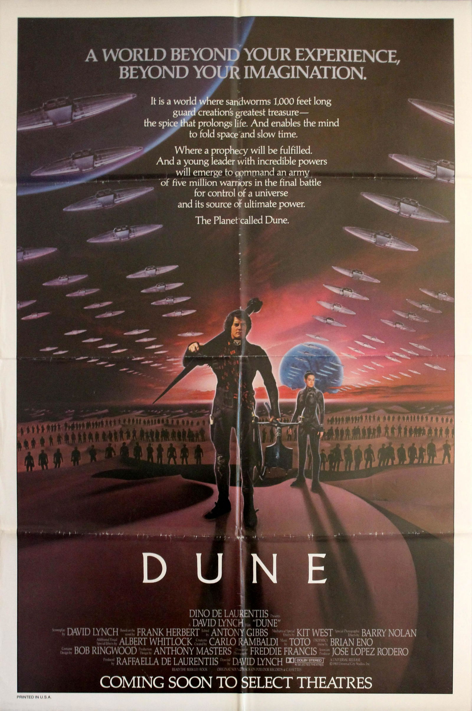Movie Poster Dune SciFi Frank Herbert: Original vintage sci-fi movie poster for the film Dune directed by David Lynch based on the science fiction novel by Frank Herbert and starring Kyle MacLachlan, Virginia Madsen and Francesca Annis. "A
