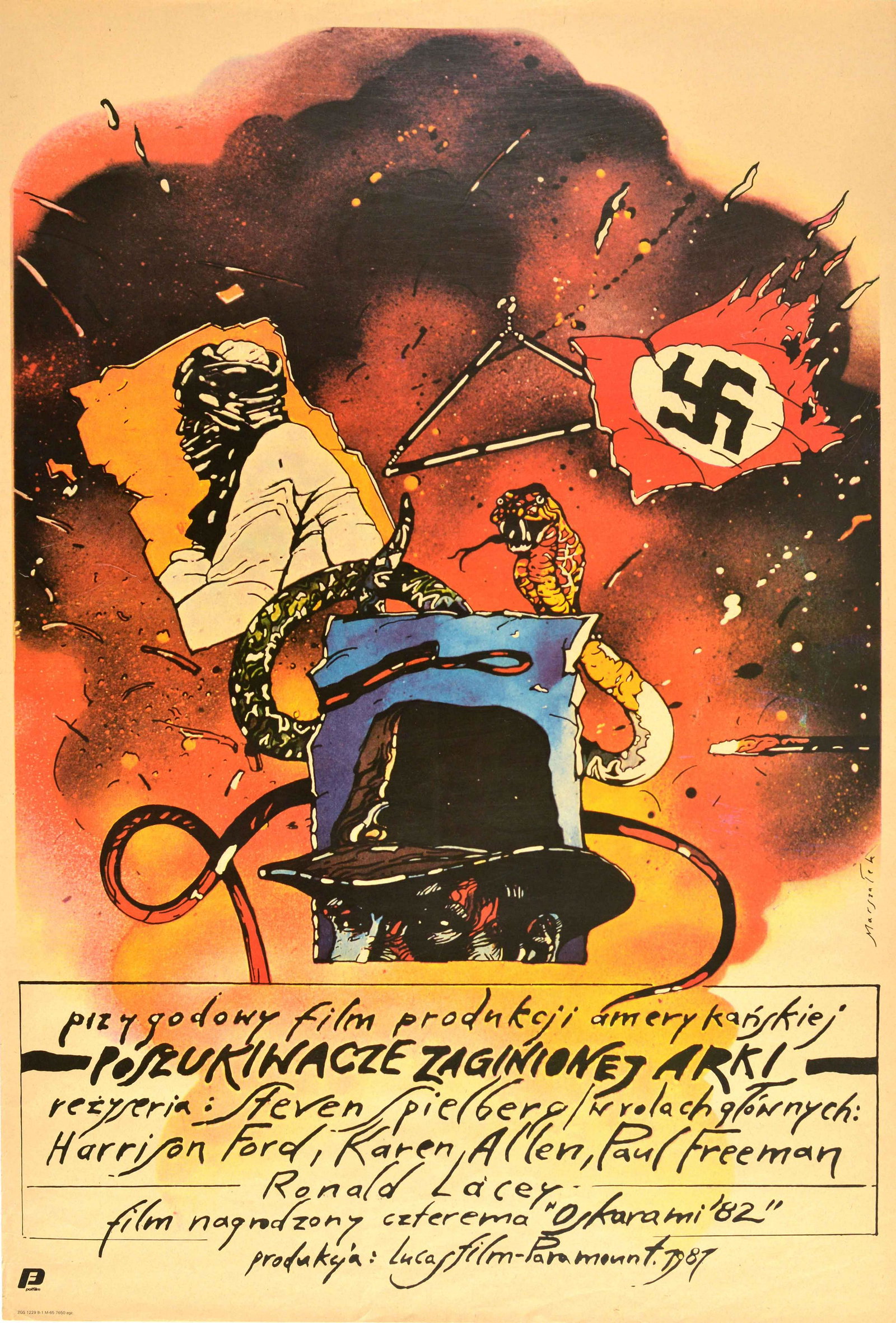 Movie Poster Indiana Jones Raiders Of The Lost Ark Grzegorz Marszatek: Original vintage Polish film poster for the first Indiana Jones adventure movie directed by Steven Spielberg - Raiders of the Lost Ark / Poszukiwacze Zaginionej Arki - starring Harrison Ford as the ar