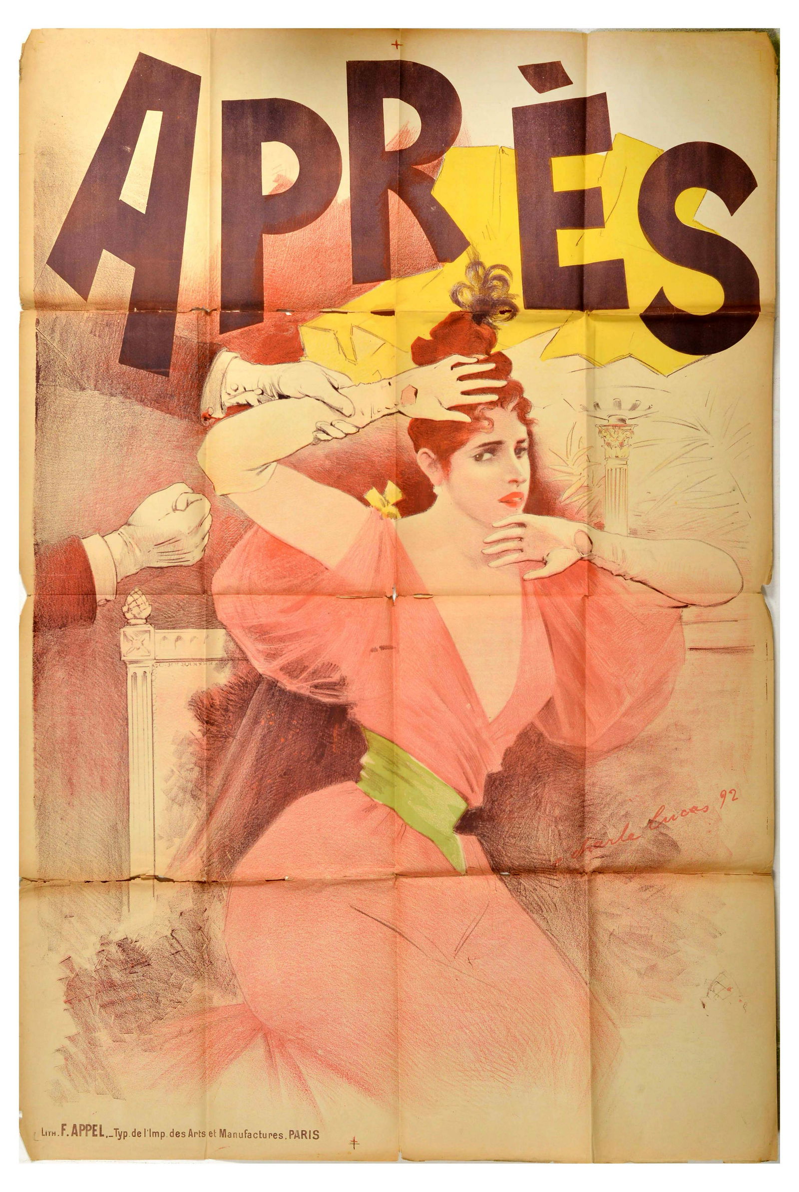 Advertising Poster Apres Grand Guignol Charle Lucas: Original antique advertising poster for Apres at Le Theatre du Grand-Guignol, featuring a great artwork by Edouard Charles Lucas (1866-1925) depicting a distressed lady in a pink dress covering hersel