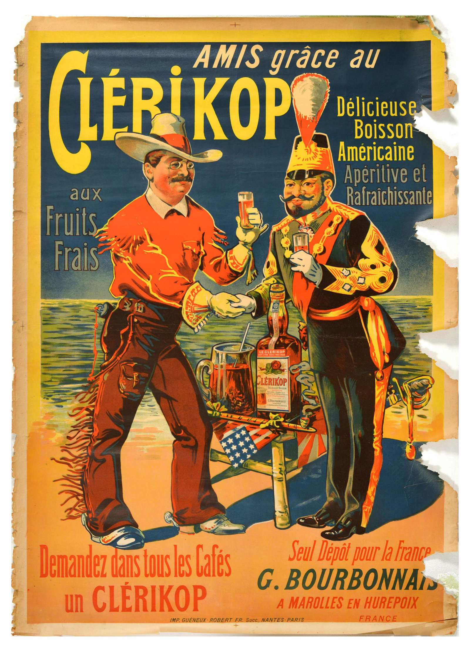 Advertising Poster Clerikop Aperitif Drink Alcohol Cowboy: Original antique advertising poster for Clerikop delicious aperitif and refreshing American drink / Delicieuse Boisson Americaine Aperitive et Rafraichissante, featuring an illustration of a cowboy ll