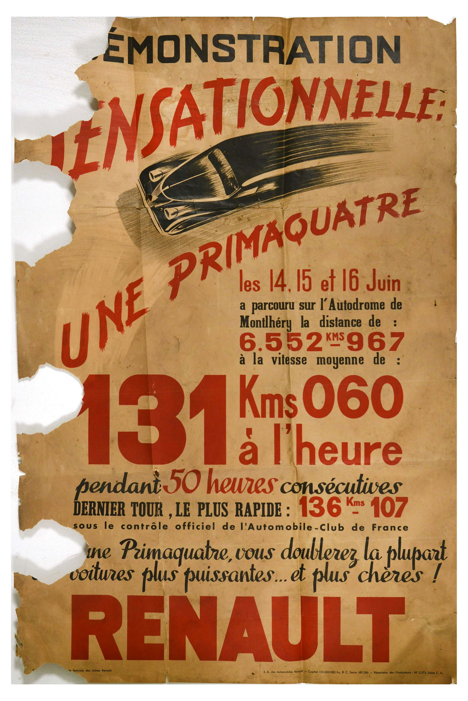 Advertising Poster Renault Primaquatre Autodrome Car Montlhery: Original vintage advertising poster for Renault Primaquatre automobile with a dynamic illustration of a black car with red and black lettering, the text translates from French - Sensational demonstrat