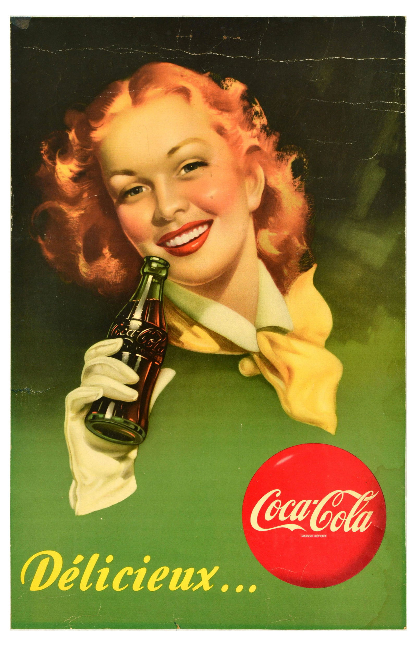 Advertising Poster Set Golf Pinup Coca Cola Philips Tamara de Lempicka: Set of 4 vintage reproductions and 1 original poster. 1. Pinup young lady swinging the golf club and her skirt blown up by the wind set over a green background. Good condition, creasing, small tears,