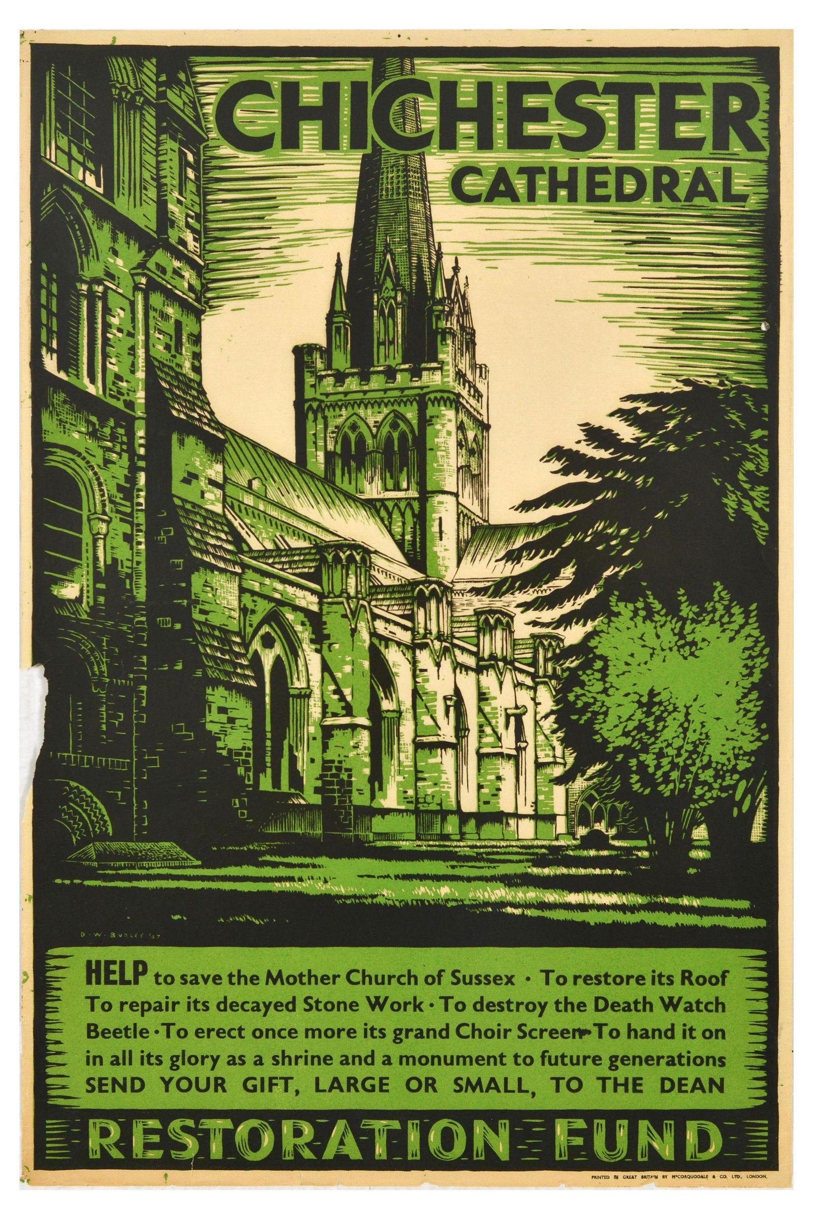 Advertising Poster Chichester Cathedral Sussex Restoration Fund: Original vintage advertising poster calling for donations to the Chichester Cathedral Restoration Fund - Help to save Mother Church of Sussex. To restore its Roof. To repair its decayed Stone Work. To