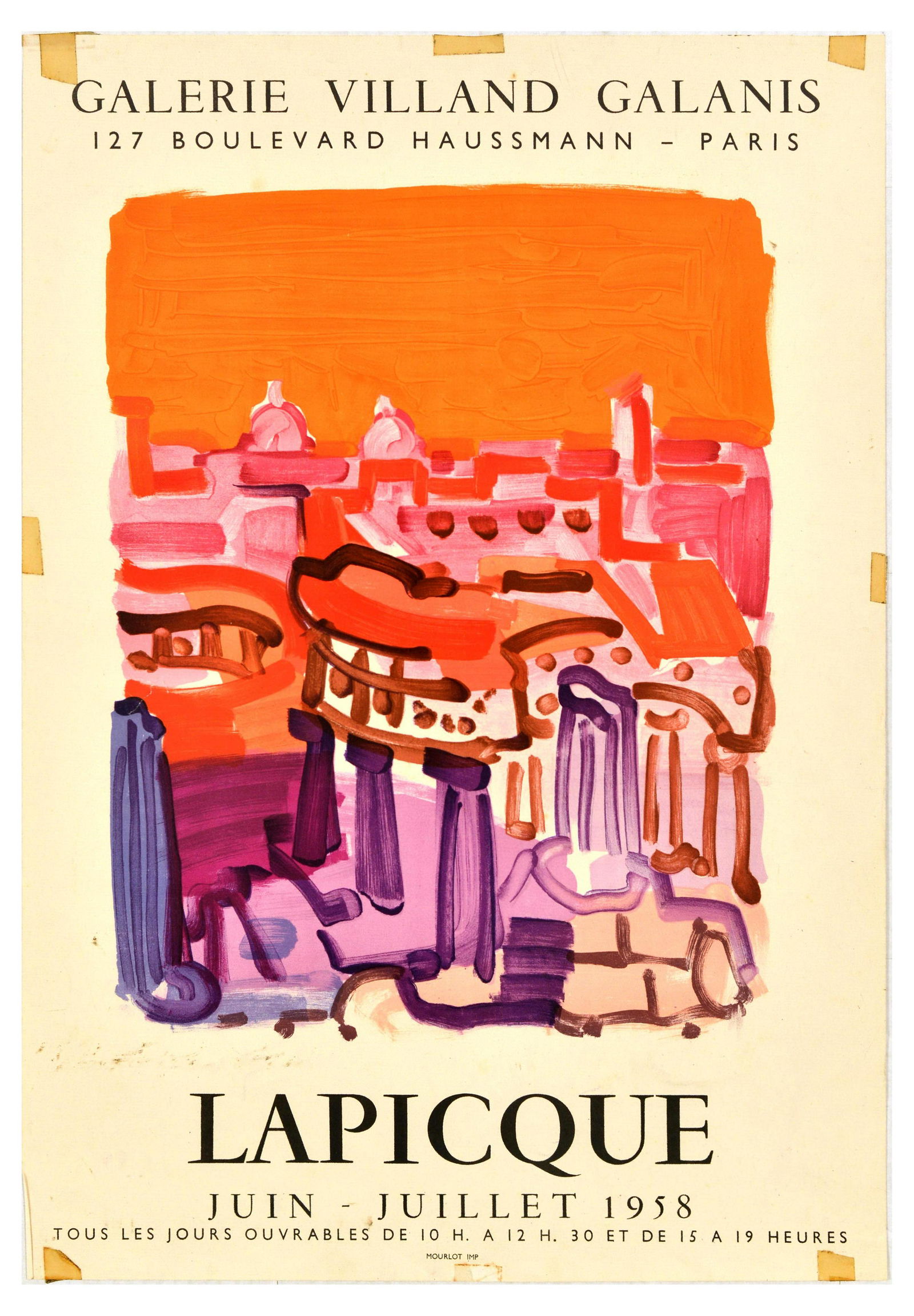 Art Exhibition Poster Lapicque Galerie Villand Galanis: Original vintage advertising poster for Charles Lapicque (French, 1898-1988) artwork exhibition at Galerie Villand Galanis from June to July 1958 featuring a colourful image of a city with purple colu