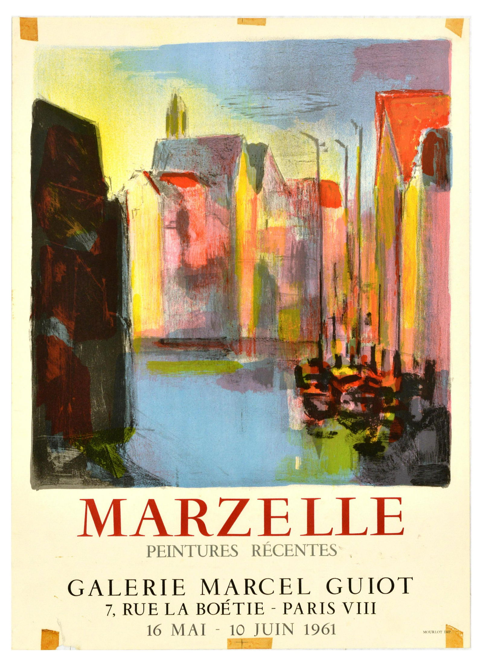 Art Exhibition Poster Marzelle Paintings Galerie Marcel Guiot: Original vintage advertising poster for Marzelle paintings exhibition from 16 May to 10 June 1961 at Galerie Marcel Guiot, featuring a colourful image of buildings by French artist Jean Marzelle (1916
