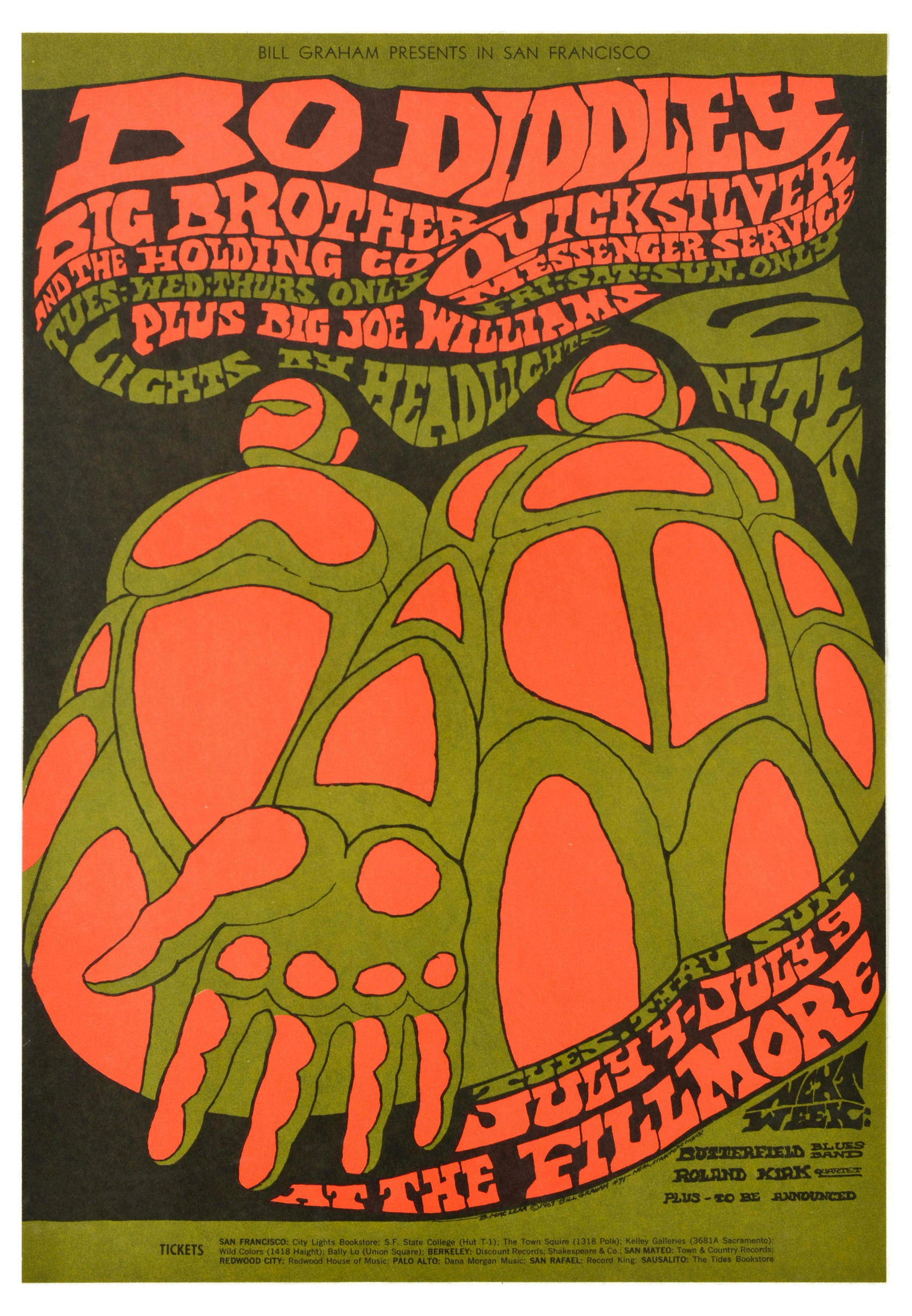 Rock Music Concert Poster Bo Diddley Big Brother And The Holding Co Quicksilver: Original vintage music concert advertising poster Bill Graham presents in San Francisco Bo Diddley, Big Brother and the Holding Co., Quicksilver Messenger Service, Big Joe Williams 4-9 July at the Fil