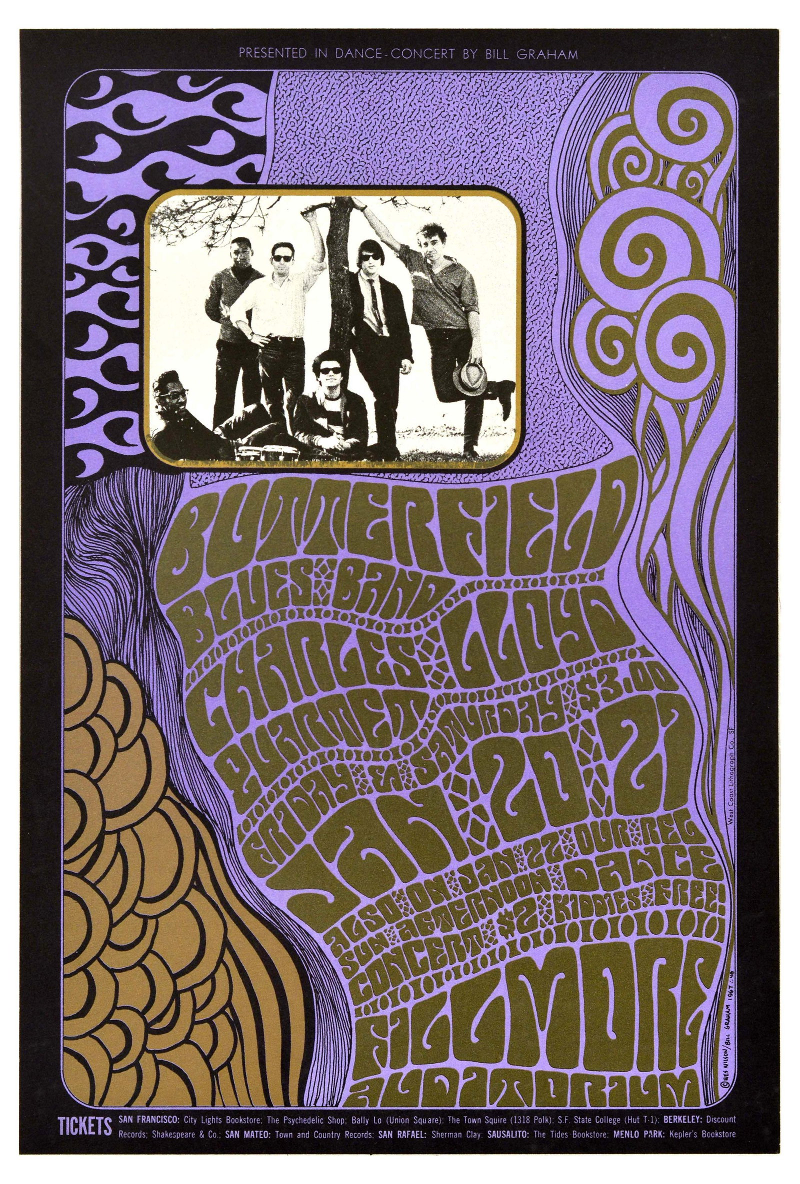 Rock Music Concert Poster Butterfield Blues Band Charles Lloyd Quartet: Original vintage music advertising poster for a dance concert by Bill Graham - Butterfield Blues Band and Charles Lloyd Quartet at the Fillmore Auditorium, the poster features a photograph of gentleme