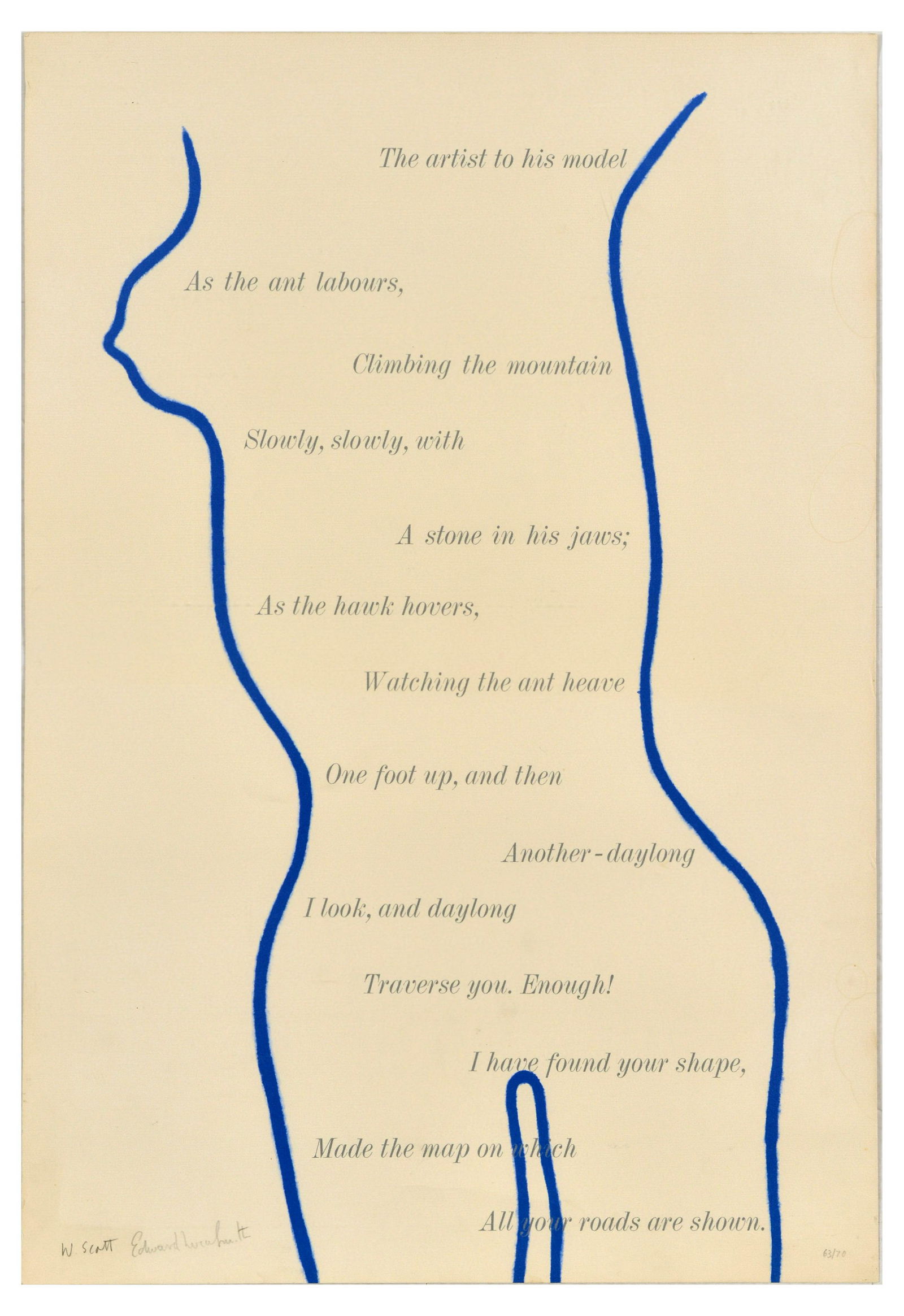 Advertising Poster A Girl Surveyed The Artist to His Model: Original vintage poster featuring a poem by Edward Lucie-Smith (b.1933) and illustration by William Scott (1913-1989) depicting a feminine silhouette in blue filled with a poem - The artist to his mod
