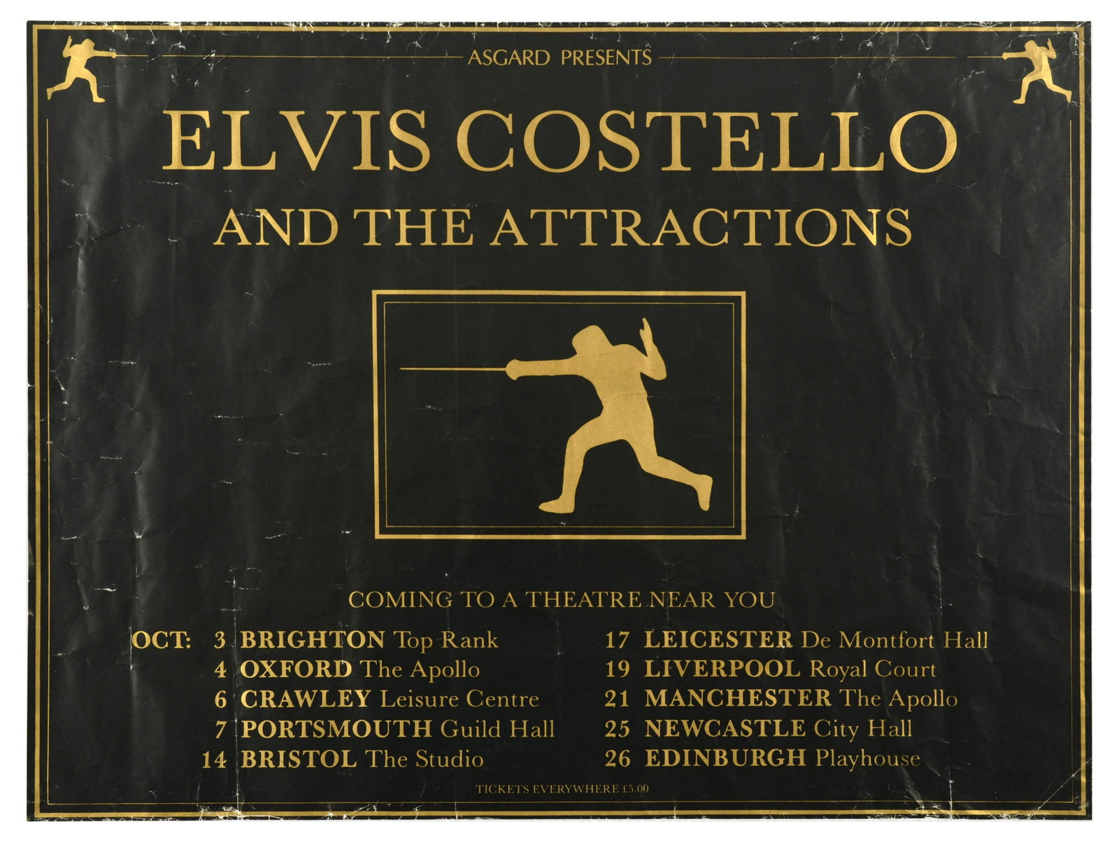 Advertising Poster Elvis Costello And The Attractions New Wave: Original vintage music poster for Elvis Costello and The Attractions featuring a silhouette of a fencer in the centre of the poster with golden lettering set over a black background. Declan Patrick Ma