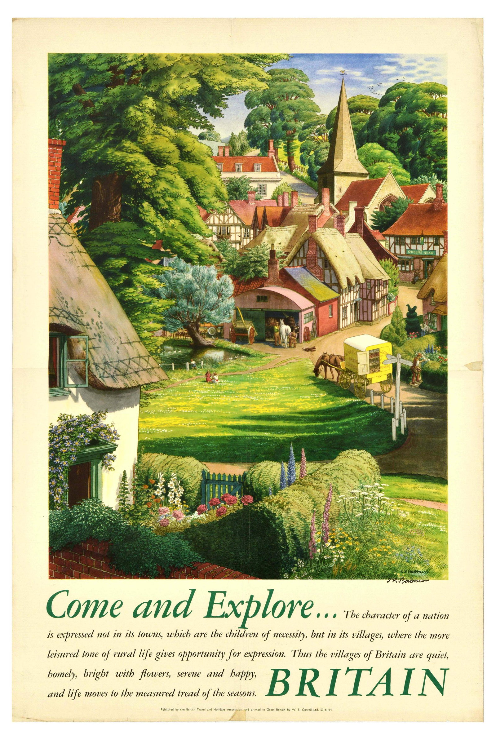 Travel Poster Come And Explore Britain Village Character Of A Nation: Original vintage travel poster - Come and Explore... Britain. The character of a nation is expressed not in its towns, which are the children of necessity, but in its villages, where the more leisured