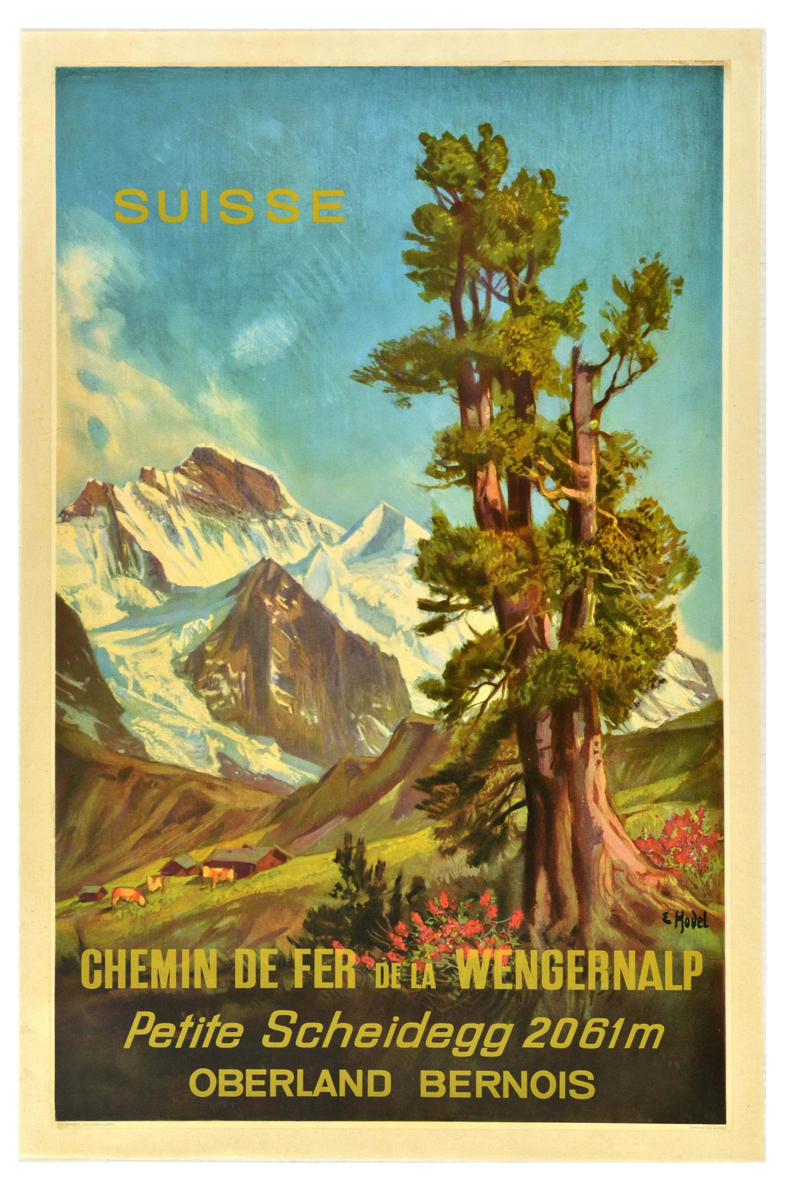 Travel Poster Wengernalp Bernese Oberland Switzerland: Original vintage travel poster for Chemin de Fer de la Wengernalp railway in the Bernese Oberland of Switzerland, the poster features a great illustration of an alpine meadow with a pine tree and flow