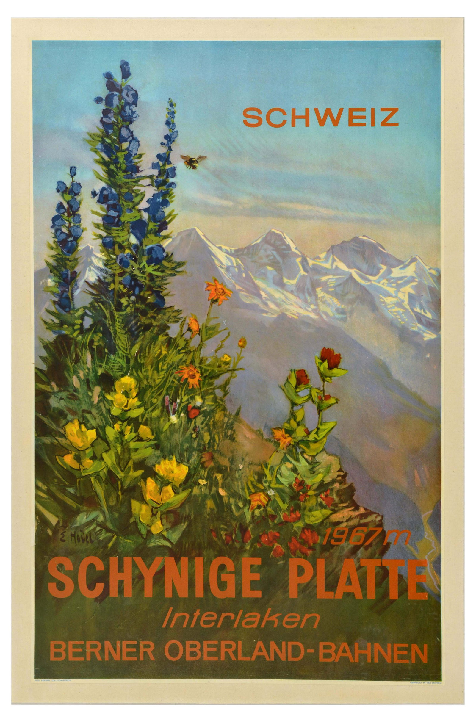Travel Poster Switzerland Schynige Platte: Original vintage travel poster for Switzerland - Schynige Platte - Interlaken Berner - Oberland-bahnen Railway - Design by Ernst Hodel (1881 – 1955) featuring a bee hovering over red, blue, yellow a