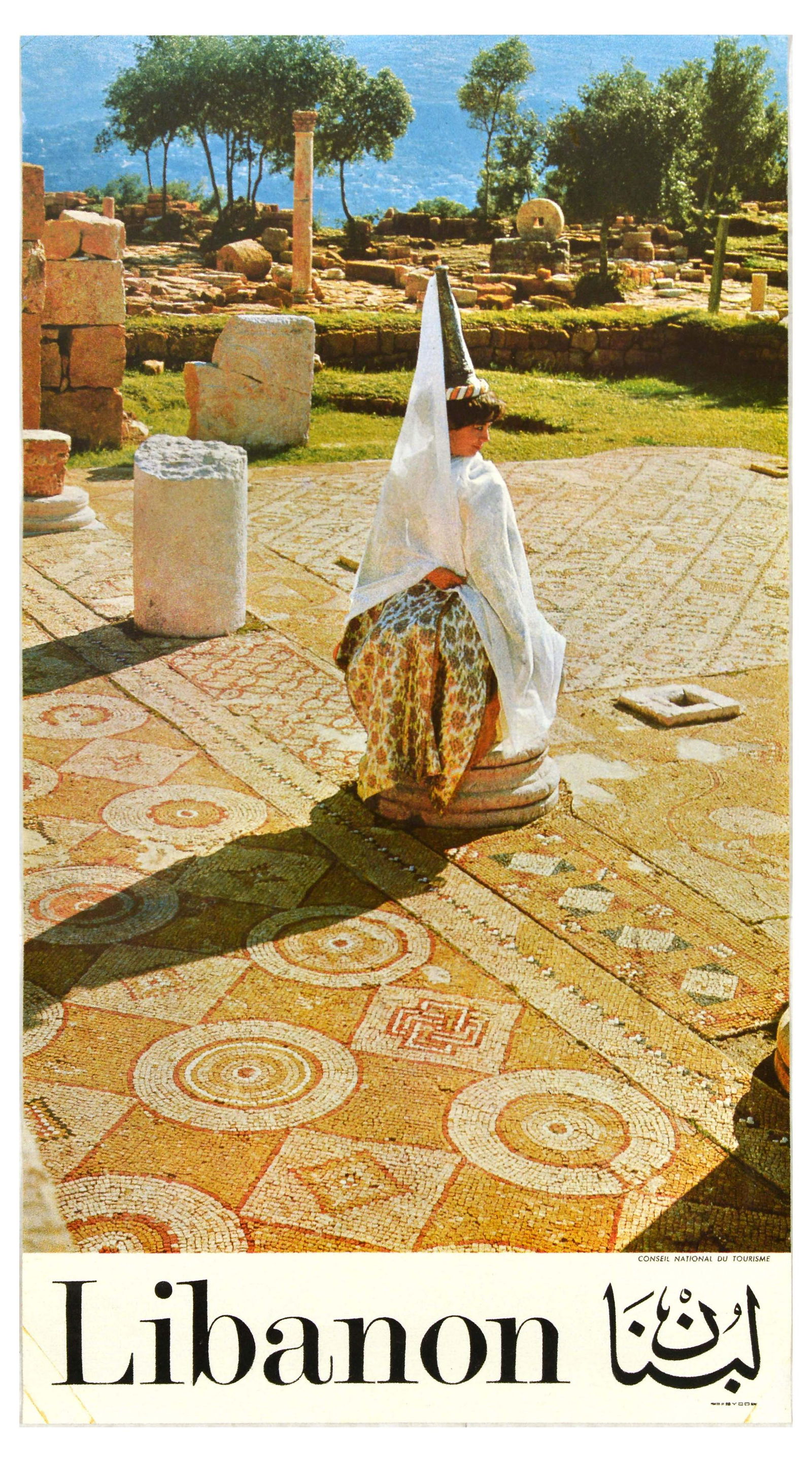 Travel Poster Libanon Lebanon Middle East: Original vintage travel poster for Lebanon featuring a photograph of a lady seated on a ruin of an ancient temple, wearing traditional embroidered clothing and tantour headdress, a very high cone with