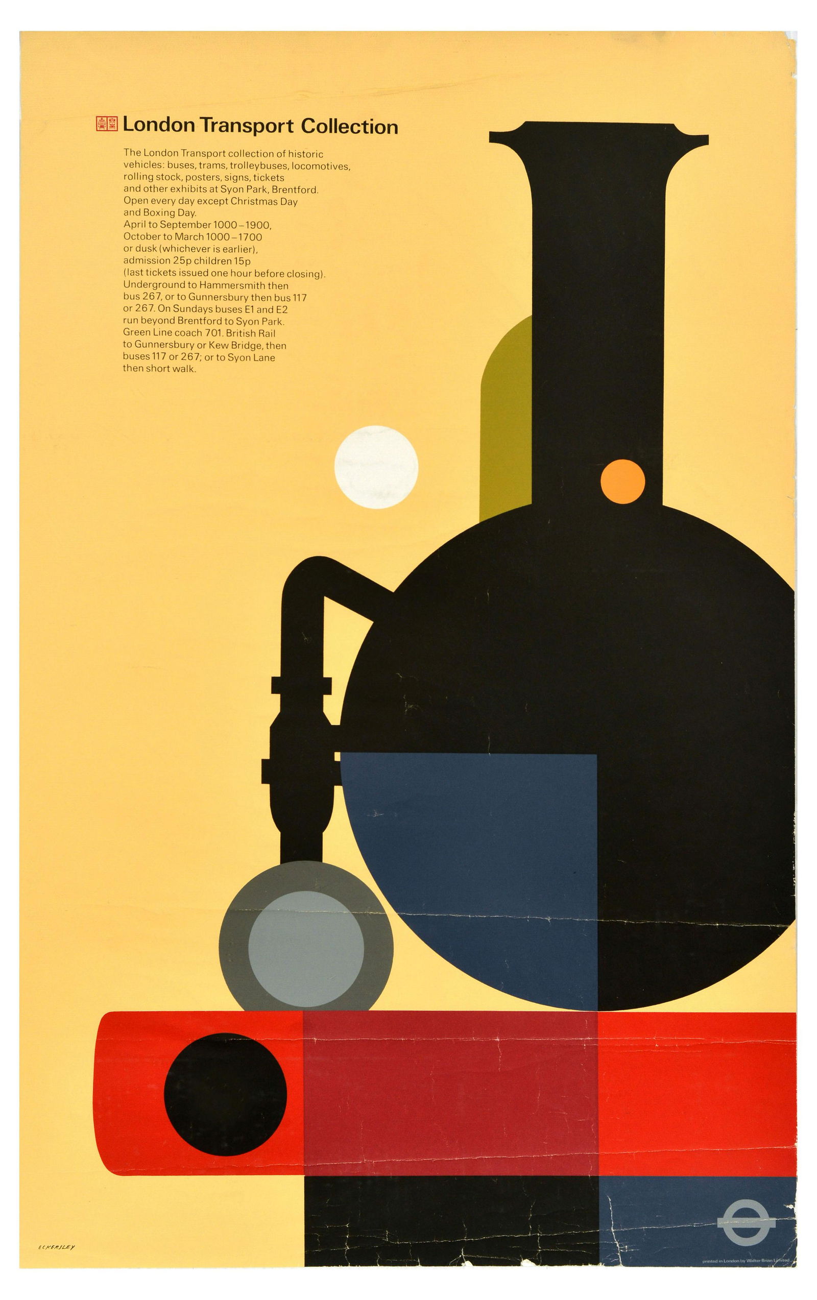 Travel Poster London Transport Collection Steam Train Eckersley: Original vintage travel poster by London Transport featuring a great graphic design by the notable artist Tom Eckersley (1914-1997) depicting a steam train set over a yellow background, the text reads