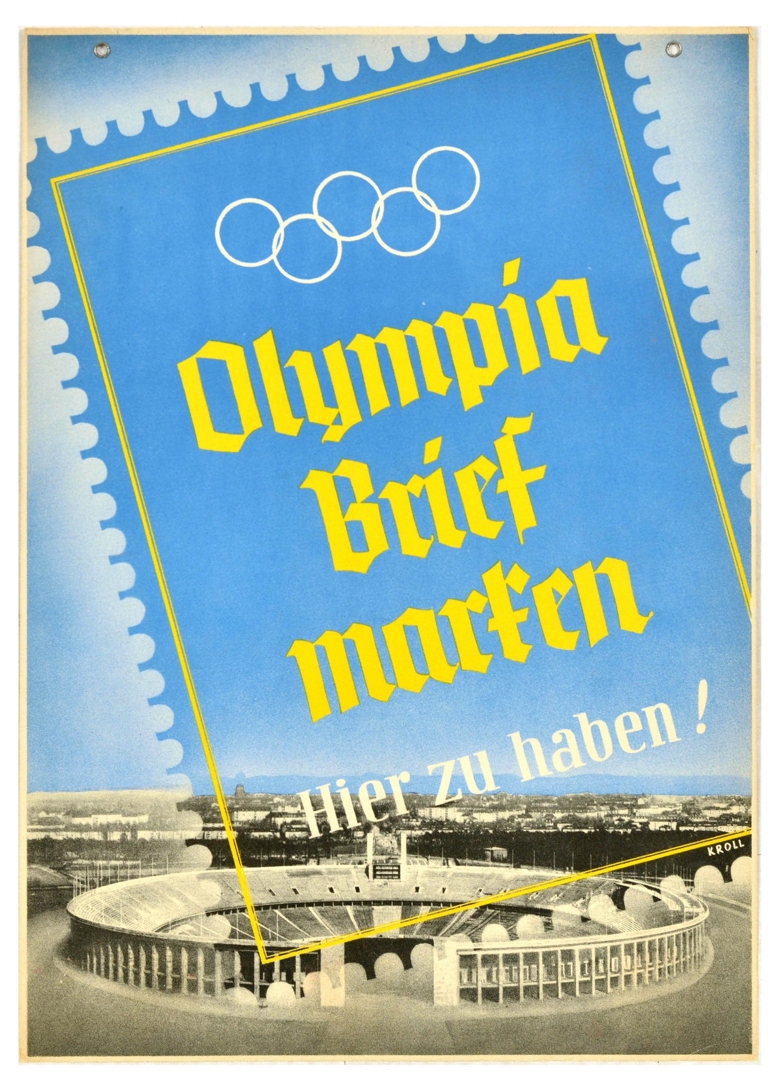 Sport Poster 1936 Berlin Olympic Games Germany Stamps Olympia Briefmarken: Original vintage sport poster - Olympia Briefmarken hier zu haben! / Olympic stamps are available here! - featuring an outline of a stamp set above The Olympiastadion in Berlin. Good condition, creasi