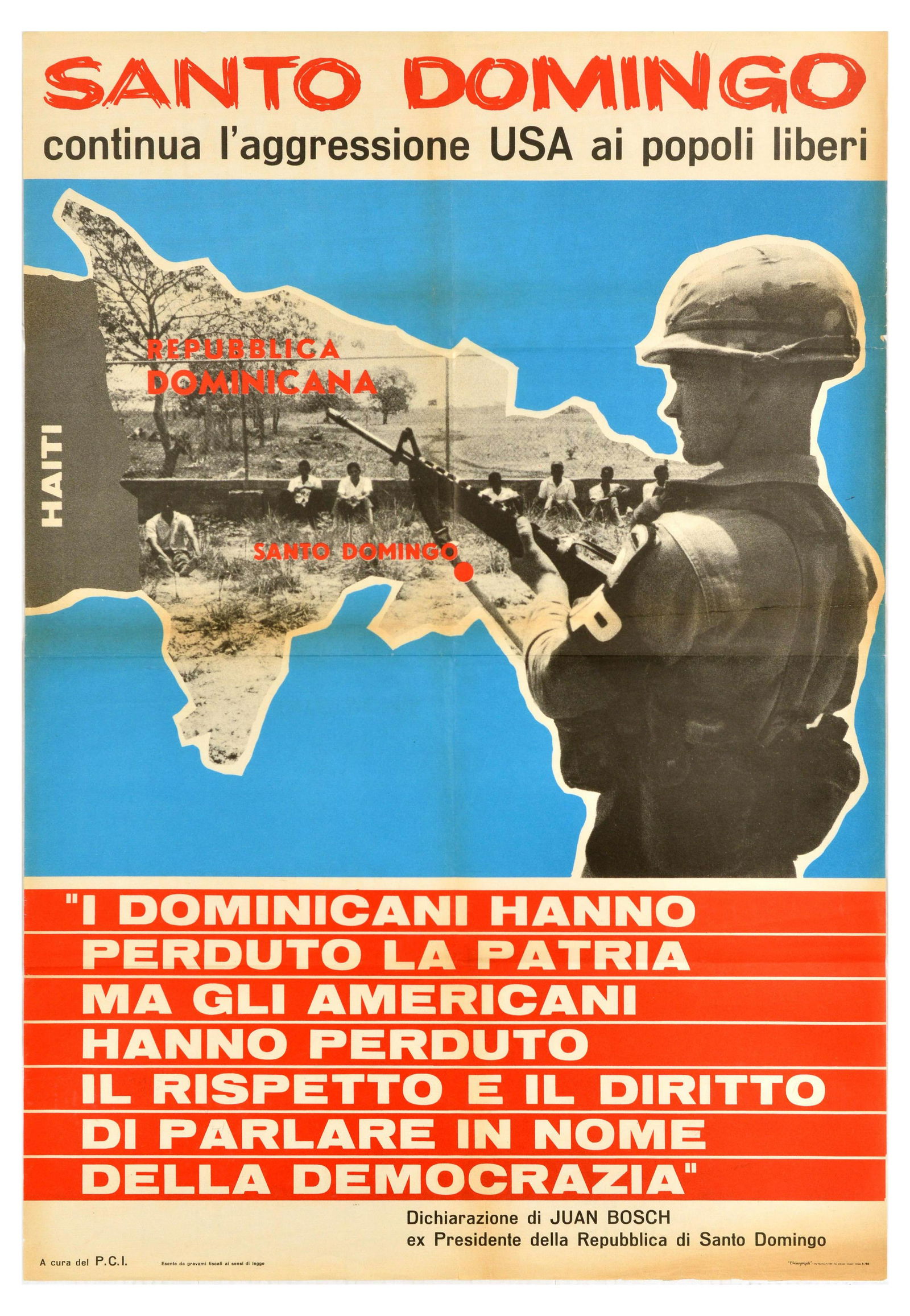 Propaganda Poster Santo Domingo USA Aggression Dominicana: Original vintage propaganda poster - Santo Domingo US Aggression Against Free People Continues - featuring a photograph of a soldier armed with a rifle gun pointing it at the people sitting by the fen