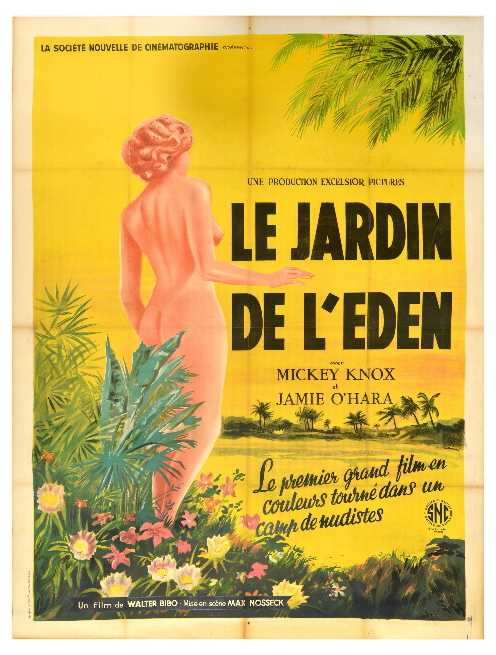 Movie Poster Garden Of Eden Le Jardin de lEden: Original vintage movie poster for Le Jardin de l'Eden / Garden of Eden, a 1954 drama film directed by Max Nosseck, starring Mickey Knox and Jamie O'Hara, poster features a nude lady standing amid bloo