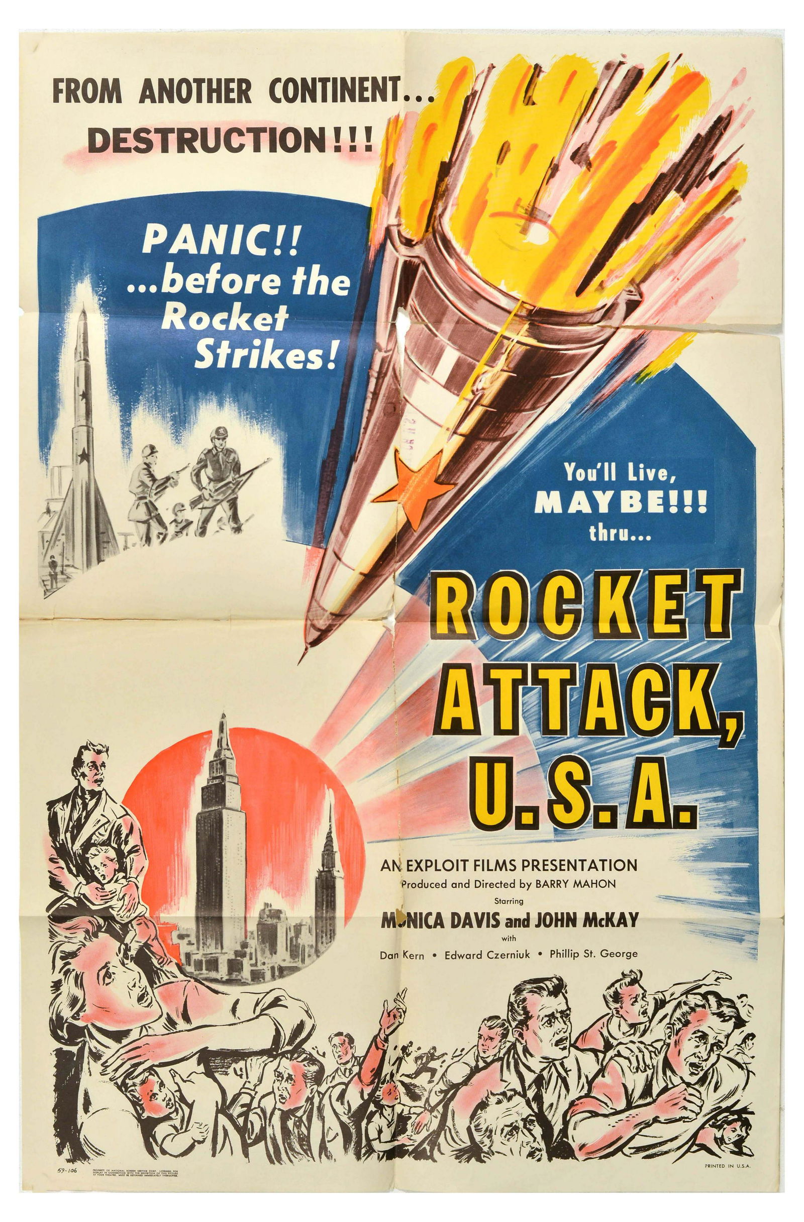 Movie Poster Rocket Attack USA Soviet Missile USSR: Original vintage movie poster for Rocket Attack USA, a 1960 Cold War thriller propaganda film directed by Barry Mahon, and starring Monica Davis and John McKay, the poster features an image of a missi