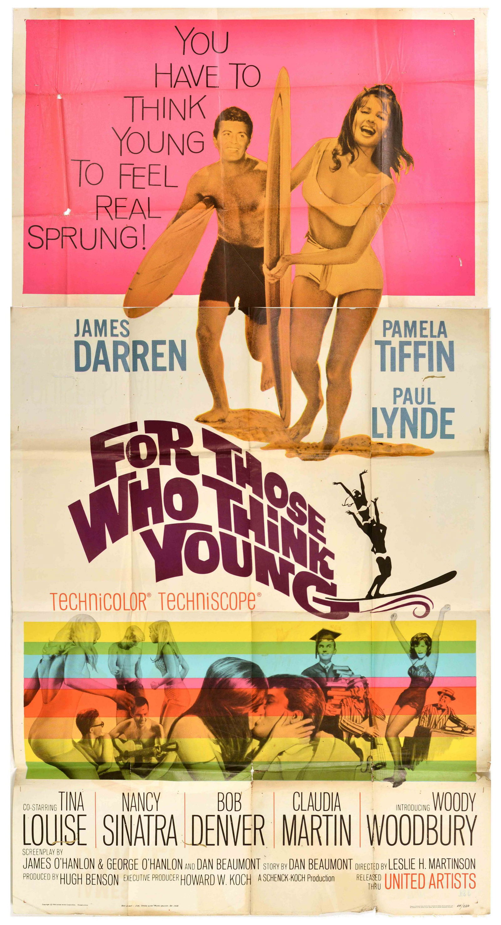 Movie Poster For Those Who Think Young Surfing Rainbow: Original vintage three sheet movie poster for a college surfing film, For Those Who Think Young, starring James Darren, Pamela Tiffin, Paul Lynde, Tina Louise, Nancy Sinatra, Bob Denver, Claudia Marti