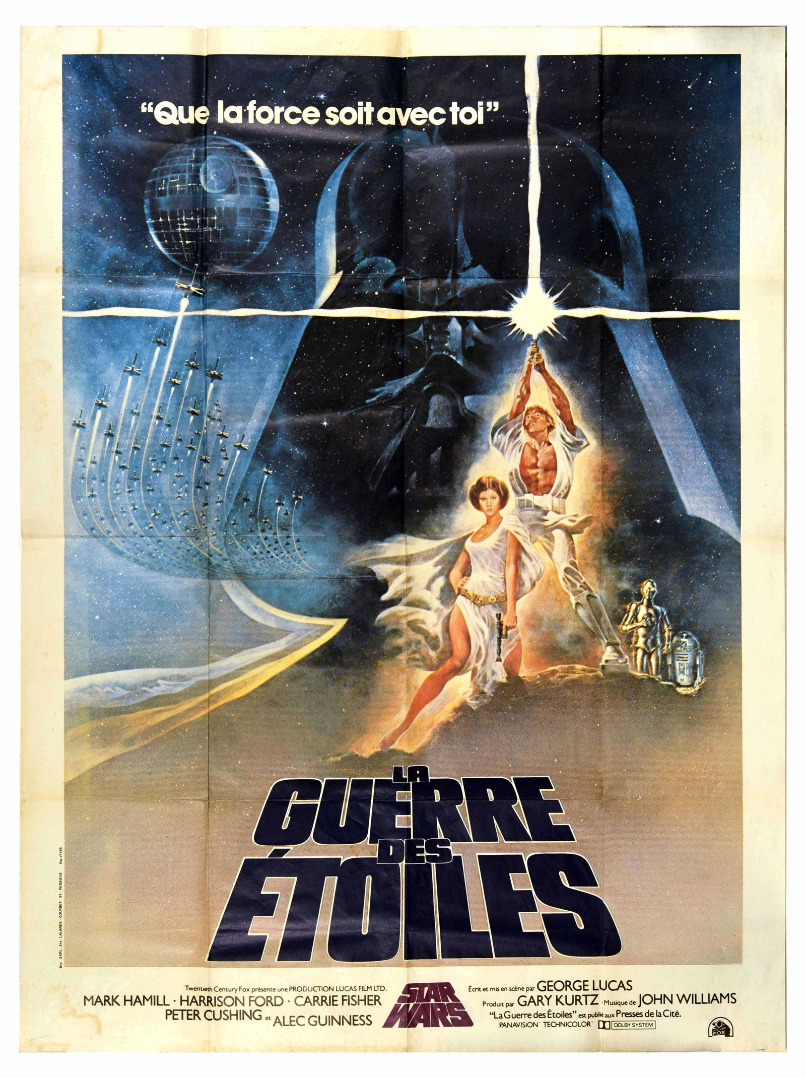 Movie Poster Star Wars La Guerre Des Etoiles George Lucas: Original vintage movie poster for La Guerre Des Etoiles the first film in the iconic Star Wars saga by George Lucas starring Mark Hamill as Luke Skywalker, Harrison Ford as Han Solo, Carrie Fisher as