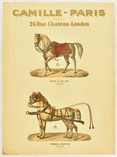 Advertising Poster Camille Paris Horse Harness: Original antique advertising poster for a French manufacturer of horse harnesses and saddles Camille - Paris at 24 Rue Chateau Landon in Paris, France. Pictures shows a horse in a single person