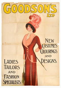 Advertising Poster Goodsons Ladies Tailors And Fashion Specialists: Original antique advertising poster for Goodson's Ltd - Ladies tailors and fashion specialists. New costumes colourings and designs - featuring an image of an elegant lady in red and pink clothing