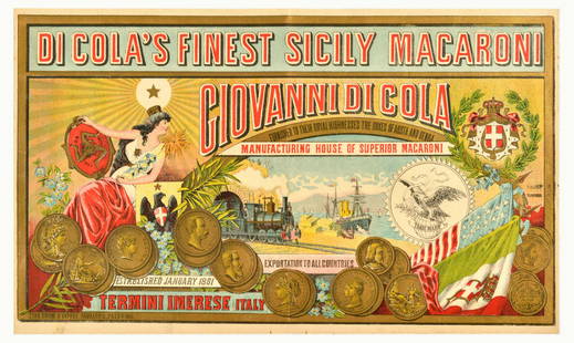 Advertising Poster Giovanni Di Cola Macaroni Pasta Sicily Italy Food: Original antique food advertising poster for Giovanni Di Cola - Di Cola's finest Sicily Macaroni - featuring an illustration of a train and ship bringing in boxes of Italian pasta, with coins, USA