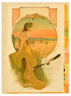 Advertising Poster Lady With Seagull Seaside Art Nouveau Grapevine: Original antique printer's proof poster featuring a great Art Nouveau-style illustration of a lady in long green clothing with a grapevine in her hair with a bird flying past her and a sunset view of