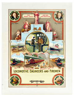 Advertising Poster Locomotive Engineers Steam Railway Firemen: Original antique advertising poster for the Associated Society of Locomotive Engineers and Firemen (ASLEF). The trade union was founded in 1880 and today has over 21,000 members. The poster features