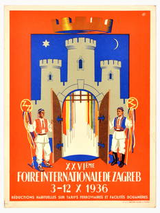 Advertising Poster Zagreb International Fair Croatia Castle Guards: Original vintage travel advertising poster for XXVI International Fair of Zagreb / XXVIeme Foire Internationale de Zagreb that took place from 3-12 October 1936, featuring a colourful illustration of