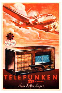 Advertising Poster Telefunken Radio 337 Art Deco Nawi Reflex Super: Original vintage advertising poster flyer for Telefunken 337 in Edelholz Nawi Reflex Super radio set with an illustration of a plane flying over the radio, the reverse of the poster features detailed